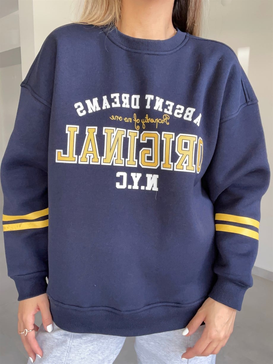 Lacivert Yazılı İçi Şardonlu Sweatshirt