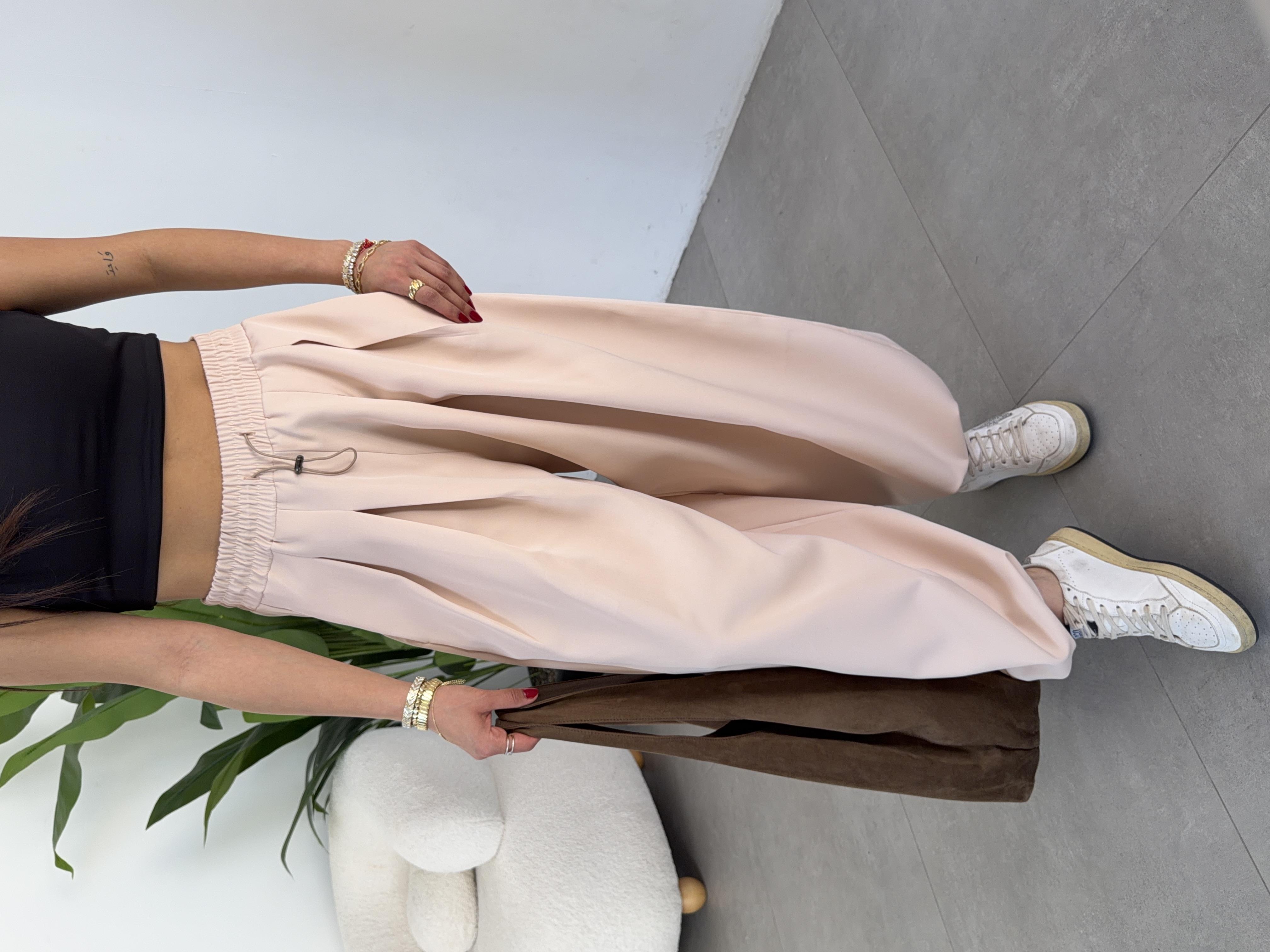 Ledia Ekru Dabıl Pileli Paçası Lastikli Pantolon