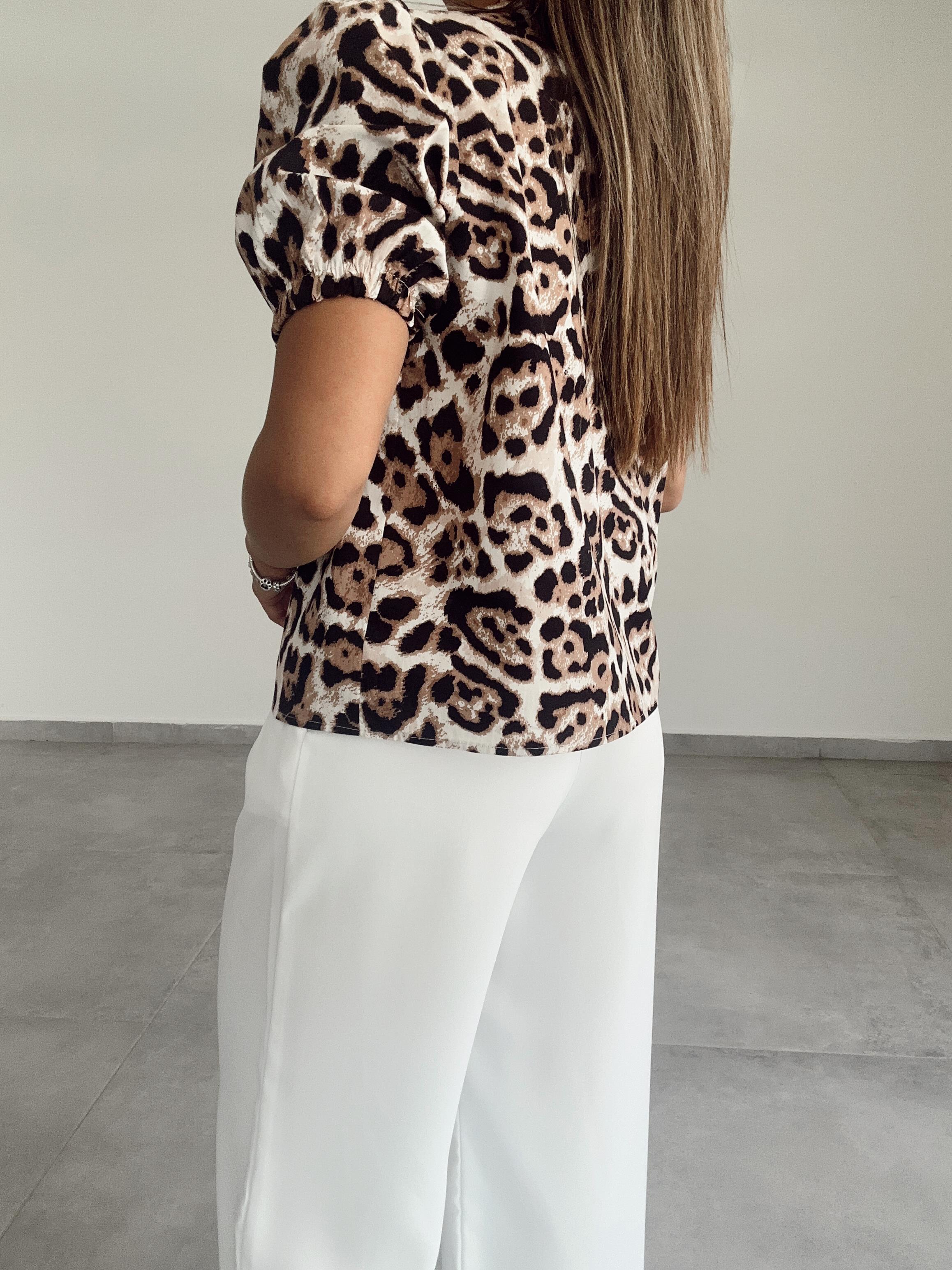 Leopar Balon Kol Önü Bağlamalı Bluz