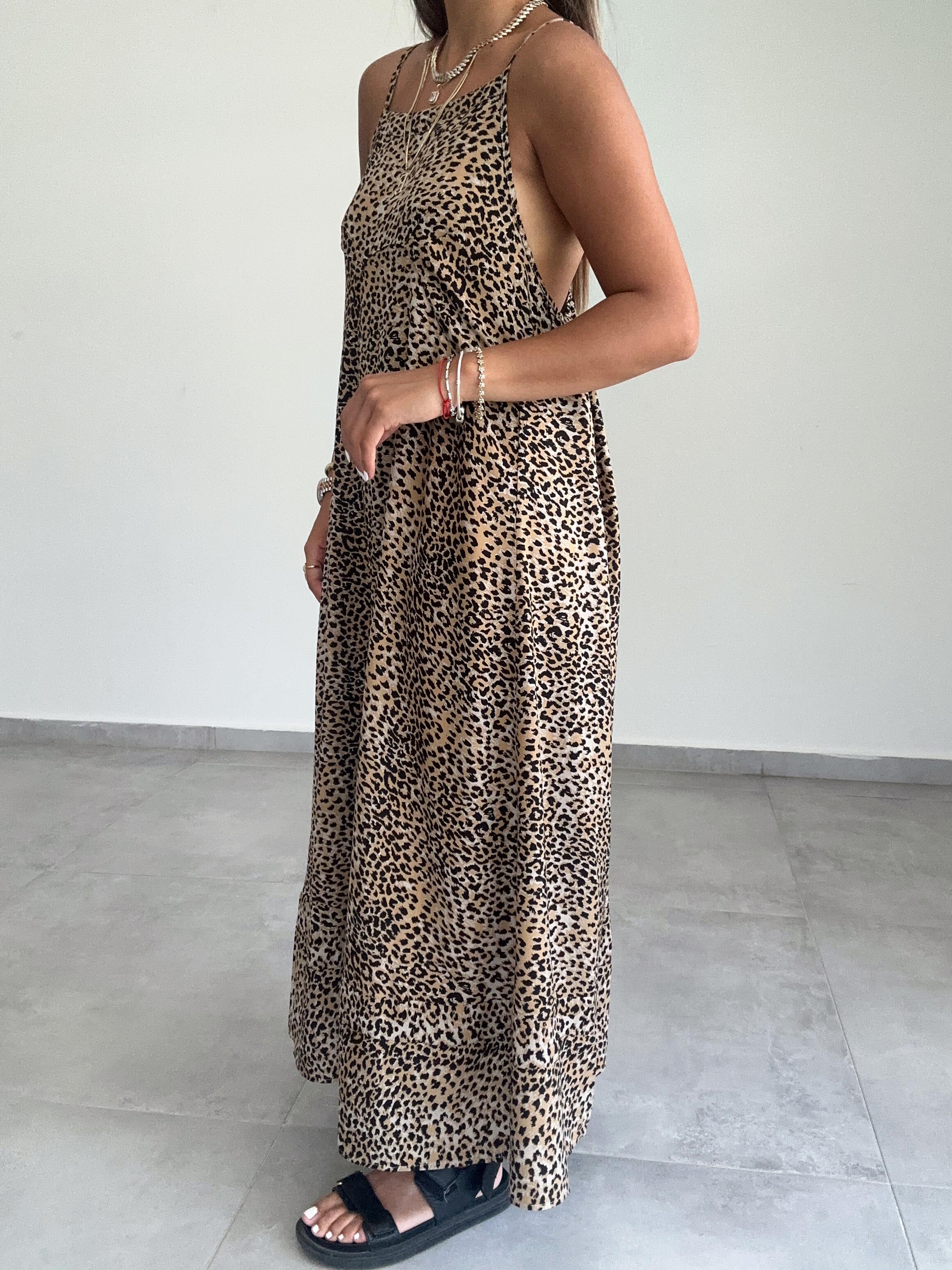 Leopar Desenli Ayarlanabilir Askı Elbise