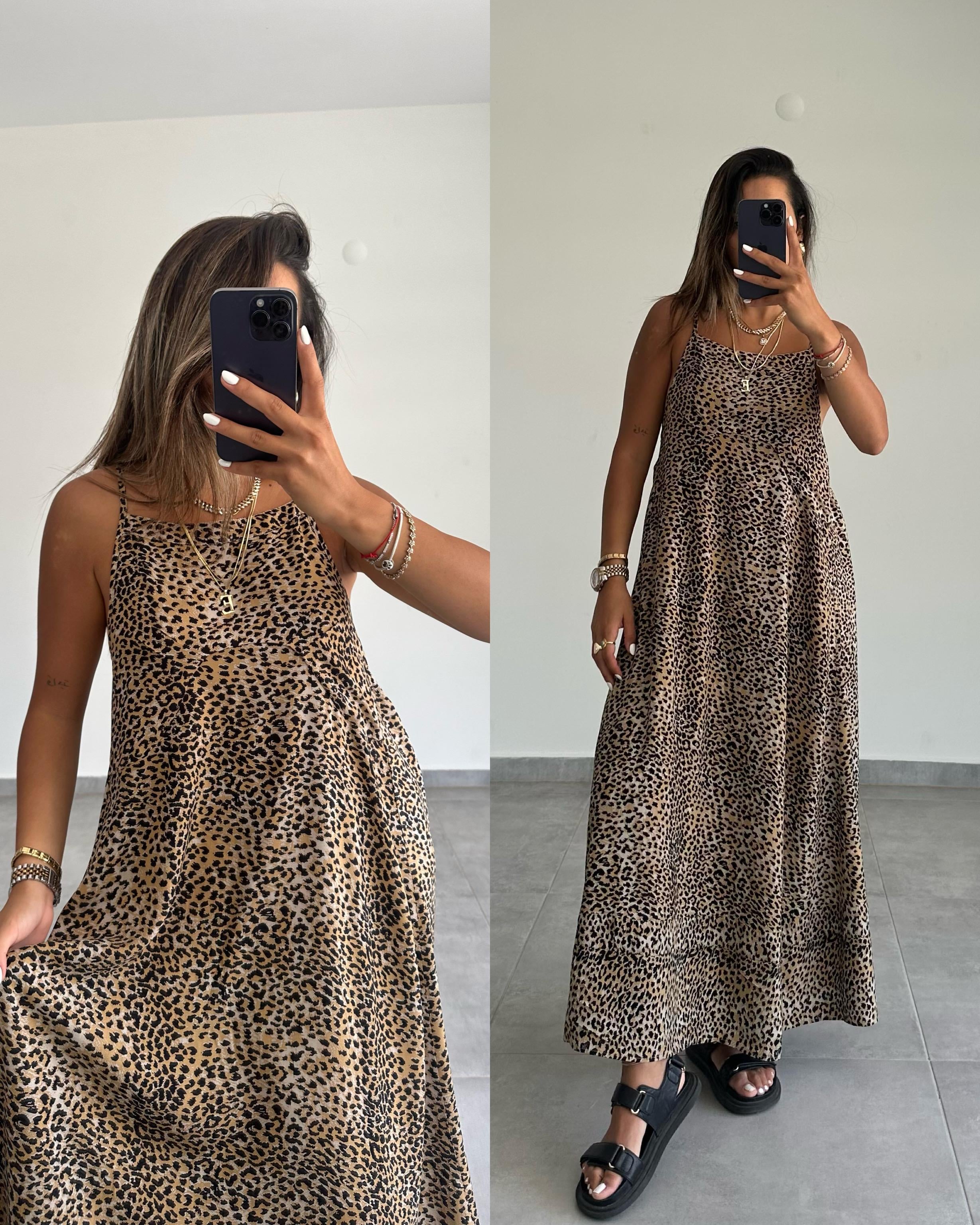 Leopar Desenli Ayarlanabilir Askı Elbise