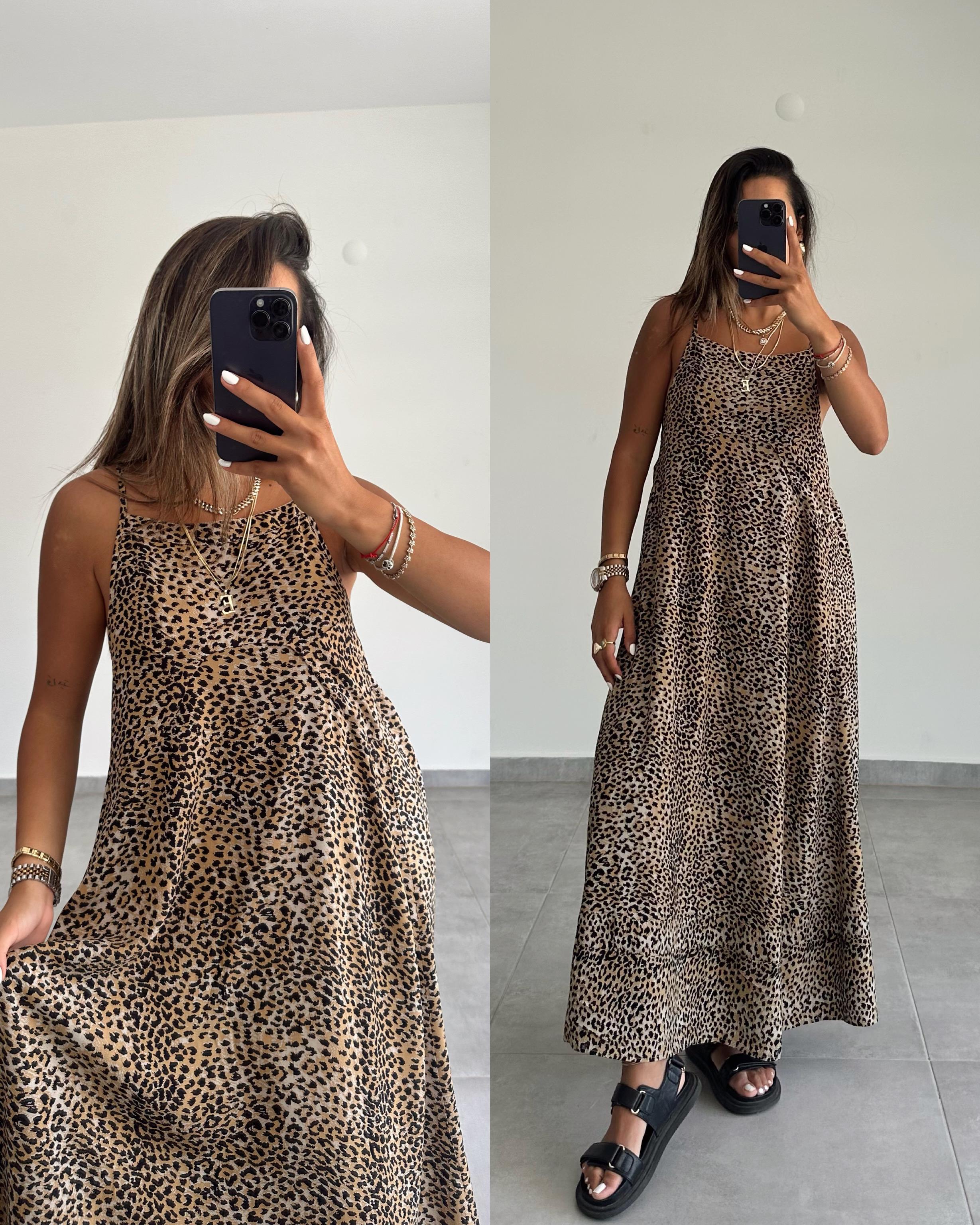 Leopar Desenli Ayarlanabilir Askı Elbise