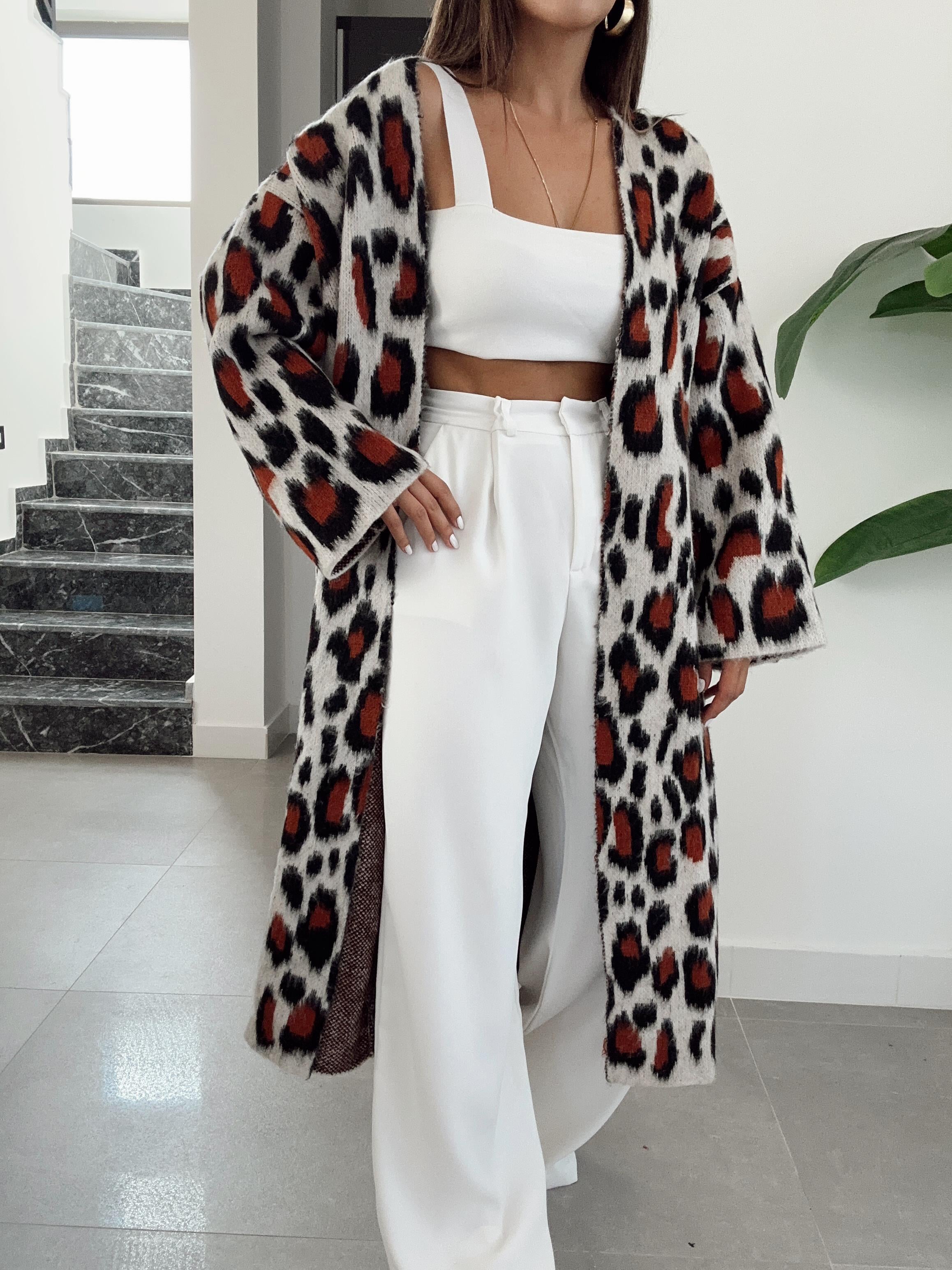 Leopar Desenli Uzun Hırka