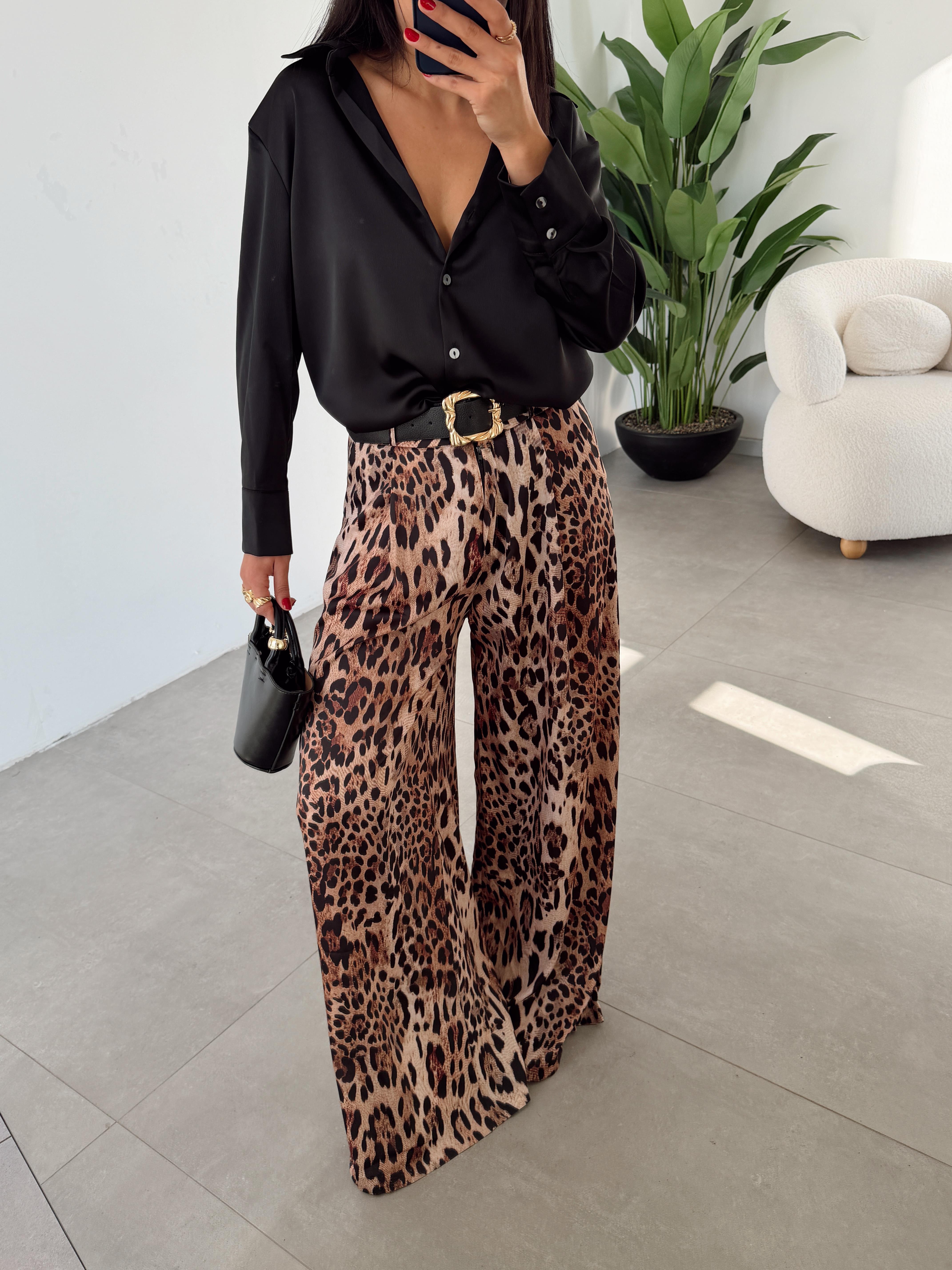 Leopar Saten Kemerli Palazzo Pantolon