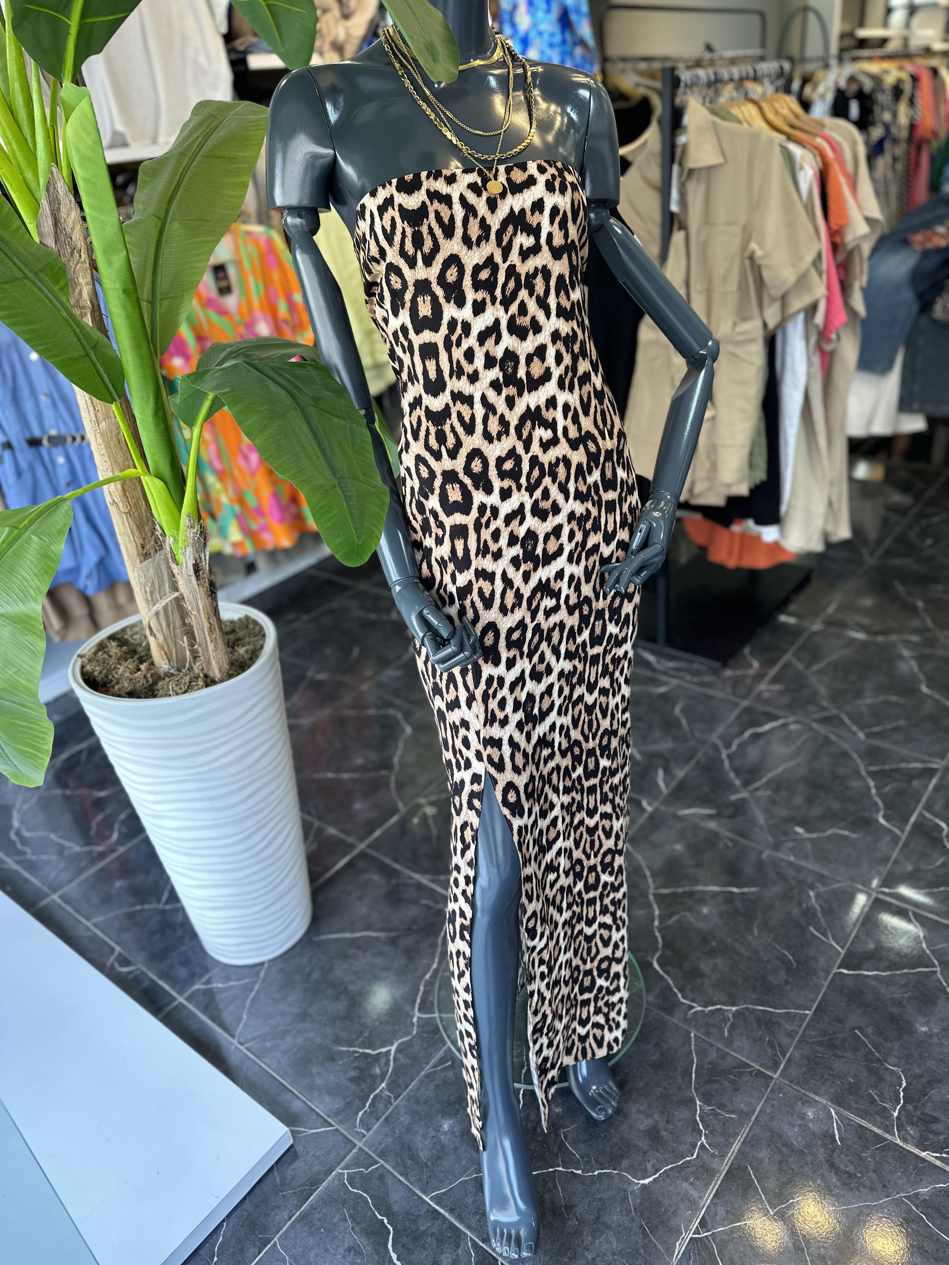 Leopar Straplez Uzun Elbise