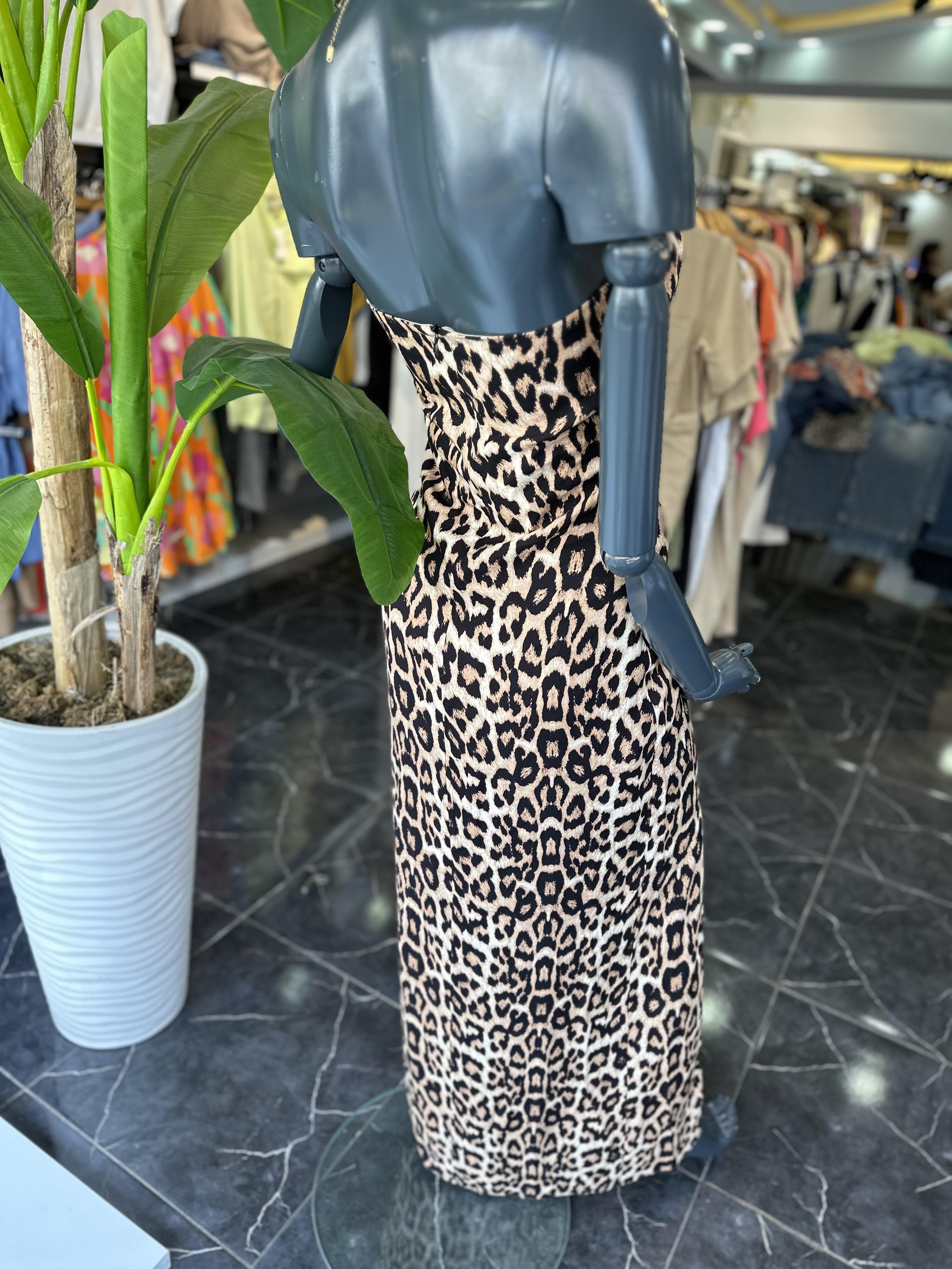 Leopar Straplez Uzun Elbise