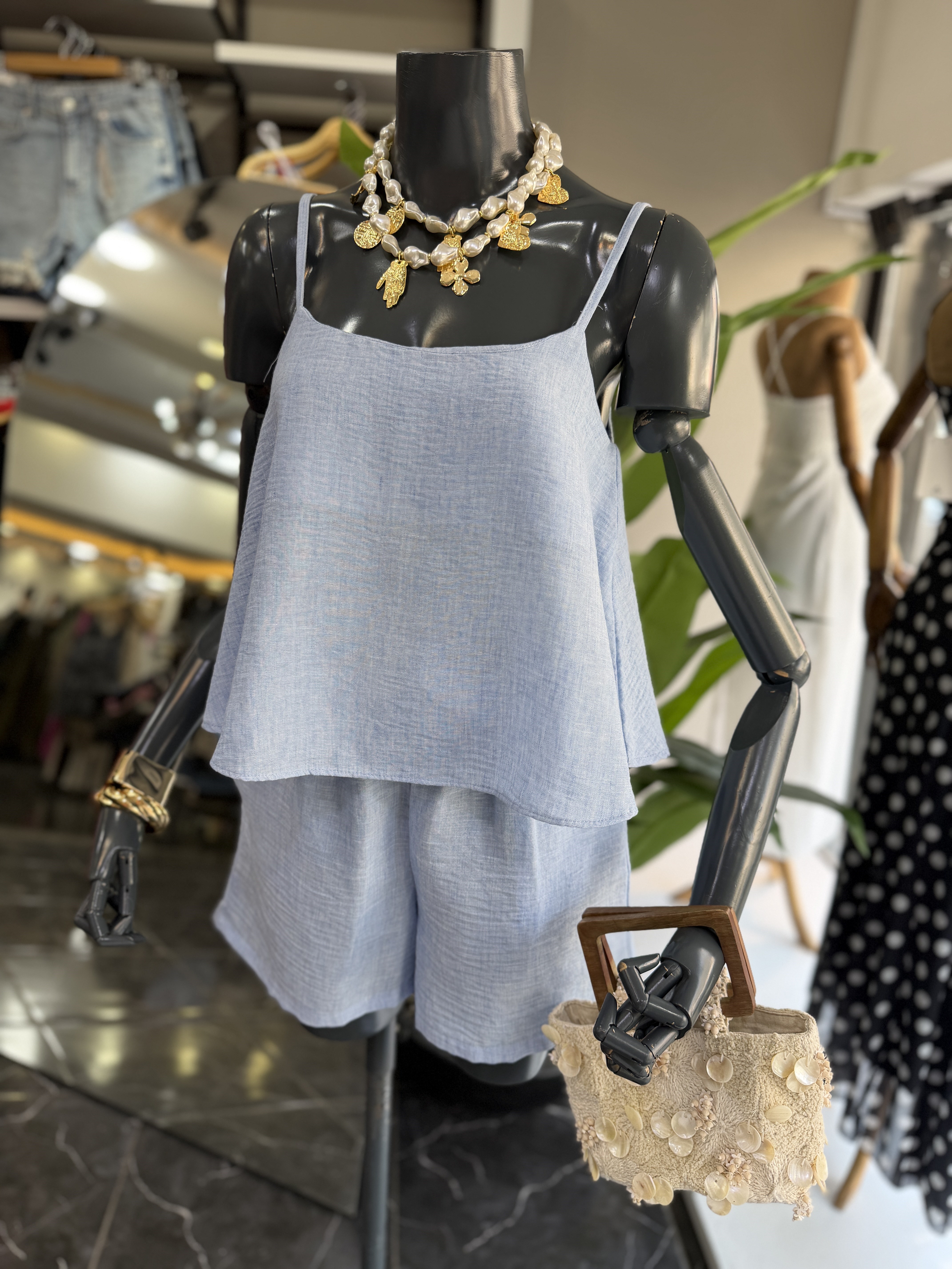 Levure Mavi Askılı Crop Bluz