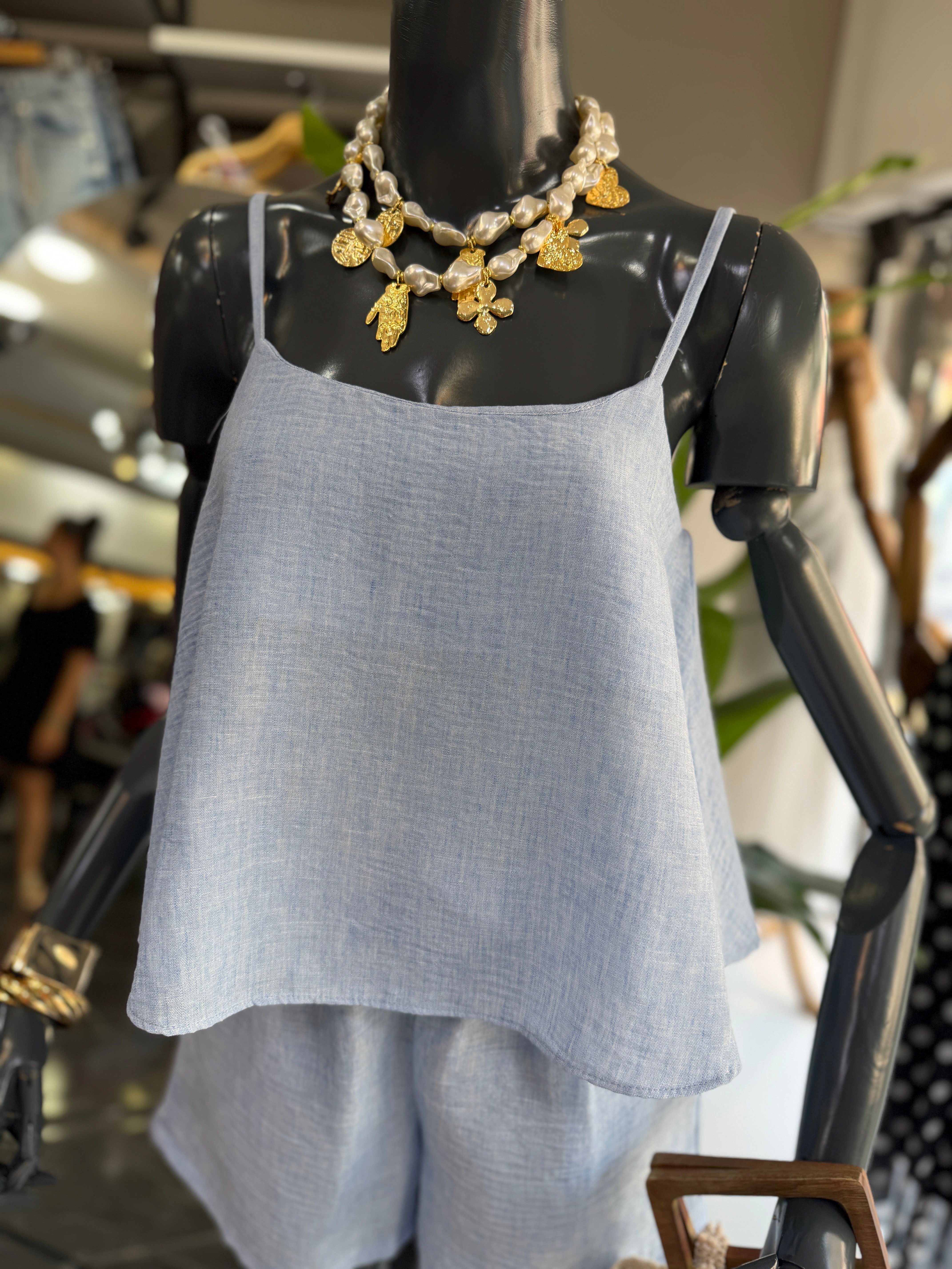 Levure Mavi Askılı Crop Bluz