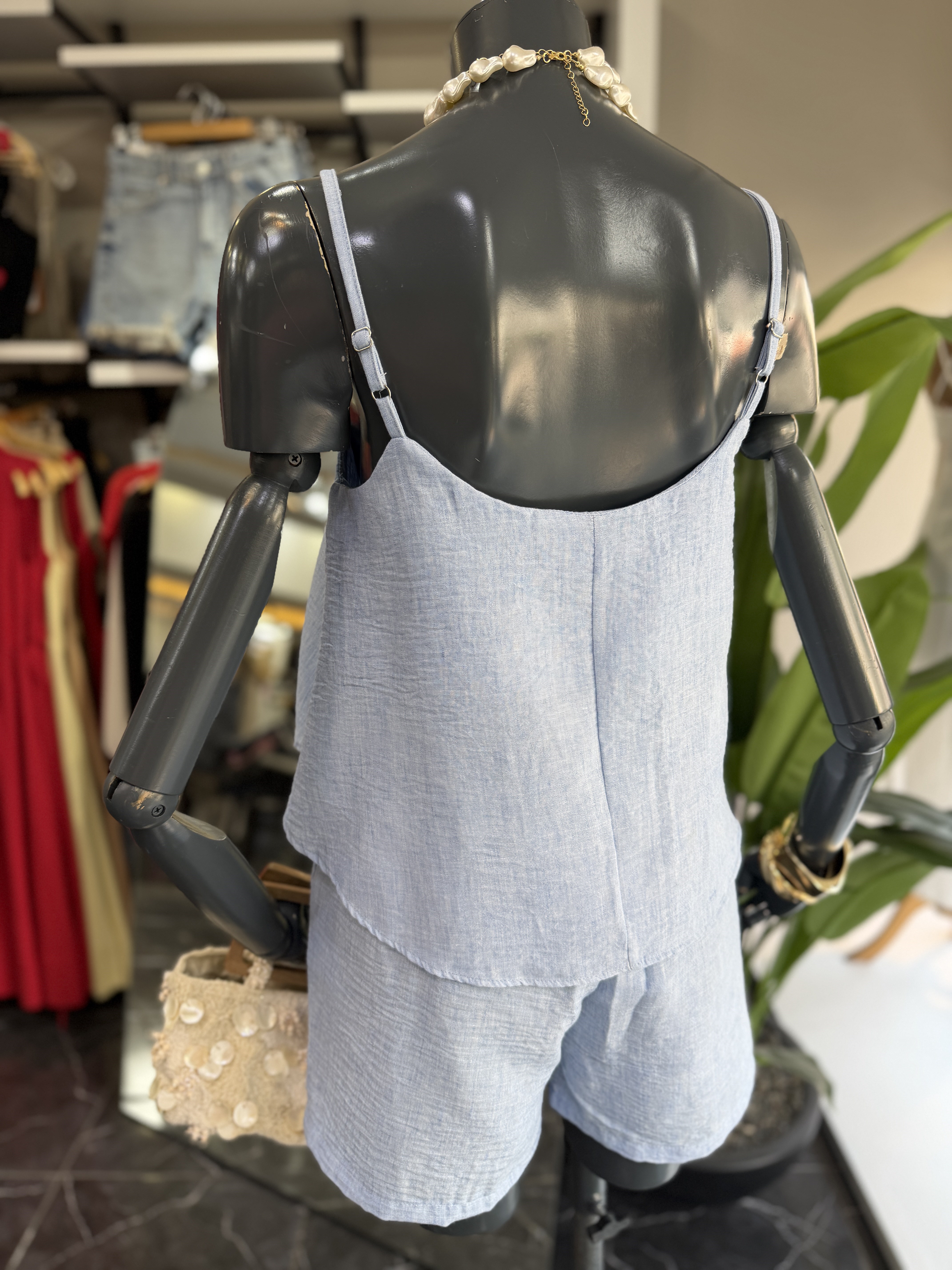 Levure Mavi Askılı Crop Bluz