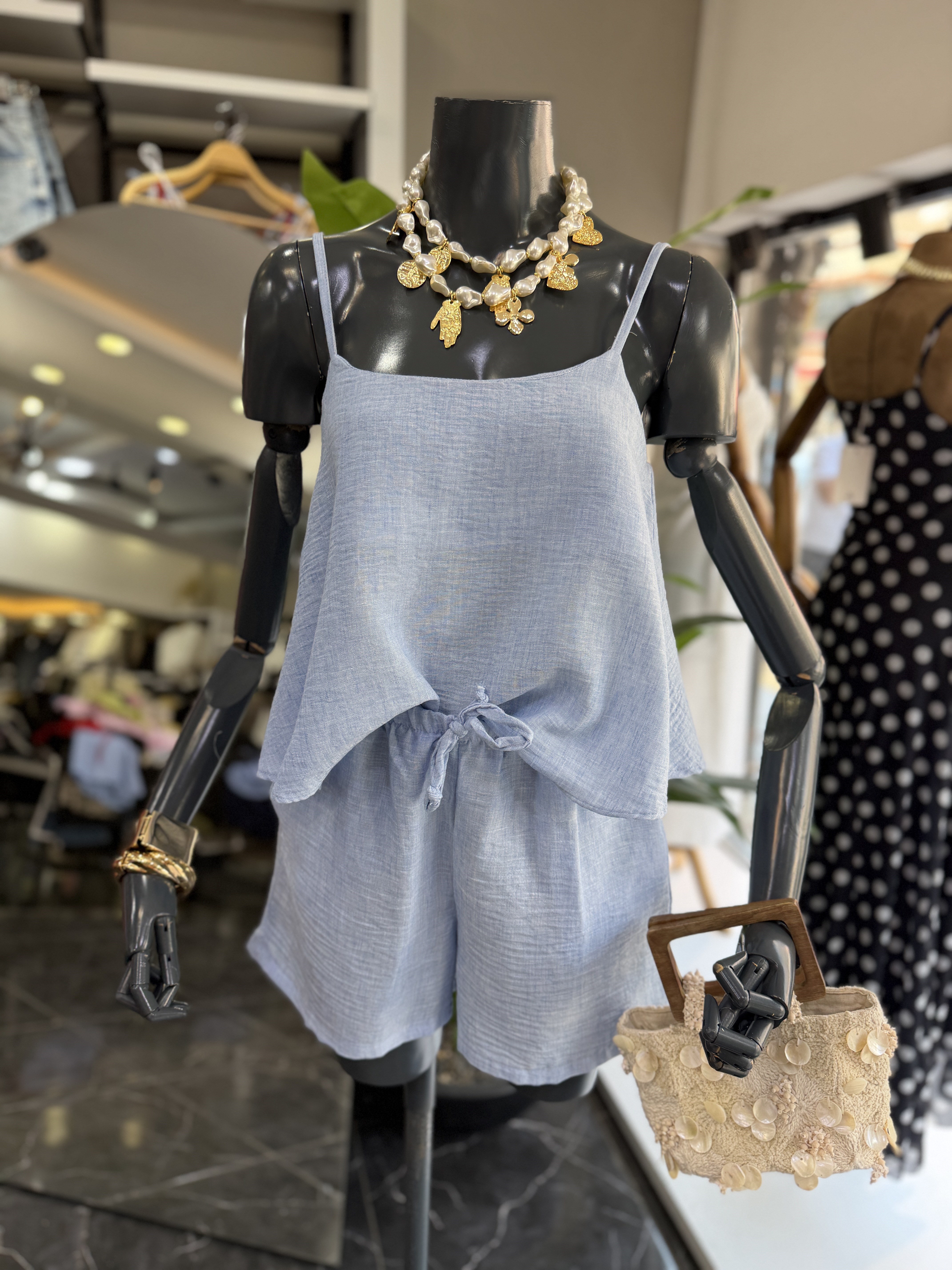 Levure Mavi Askılı Crop Bluz