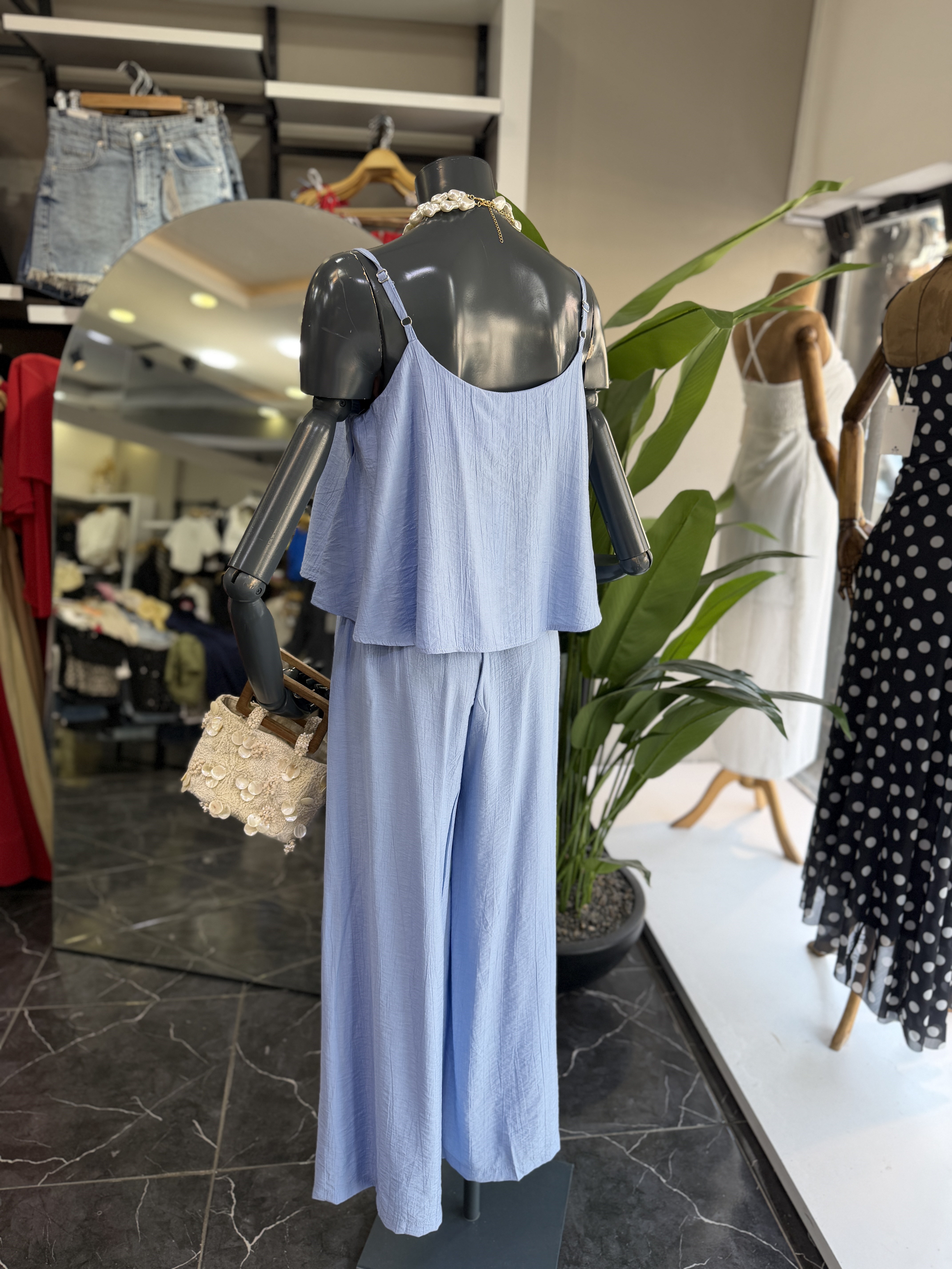Levure Mavi Beli Lastikli Su Taşı Detaylı Pantolon
