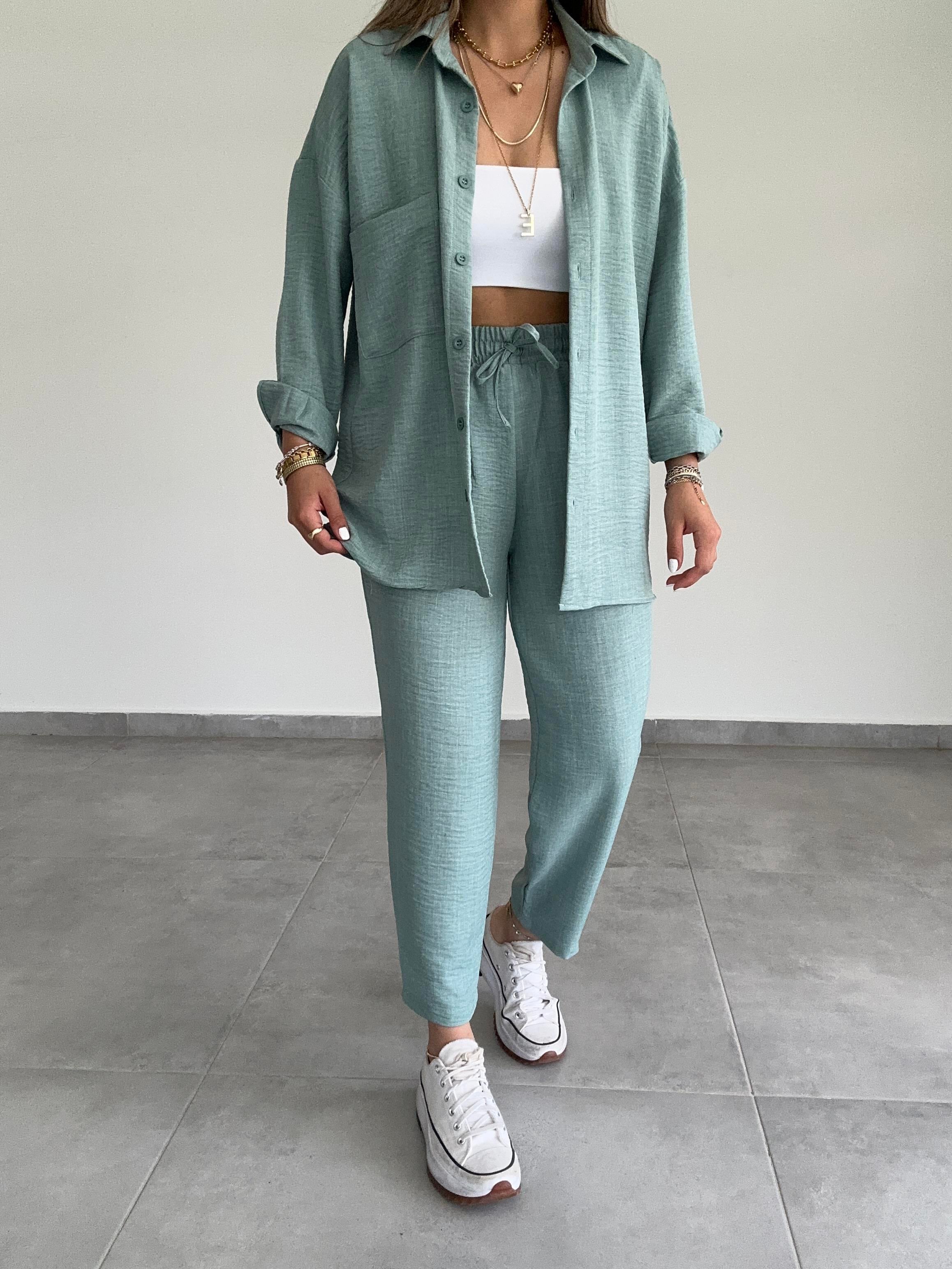 Luna Mint Yeşili Keten Gömlek Pantolon Takım