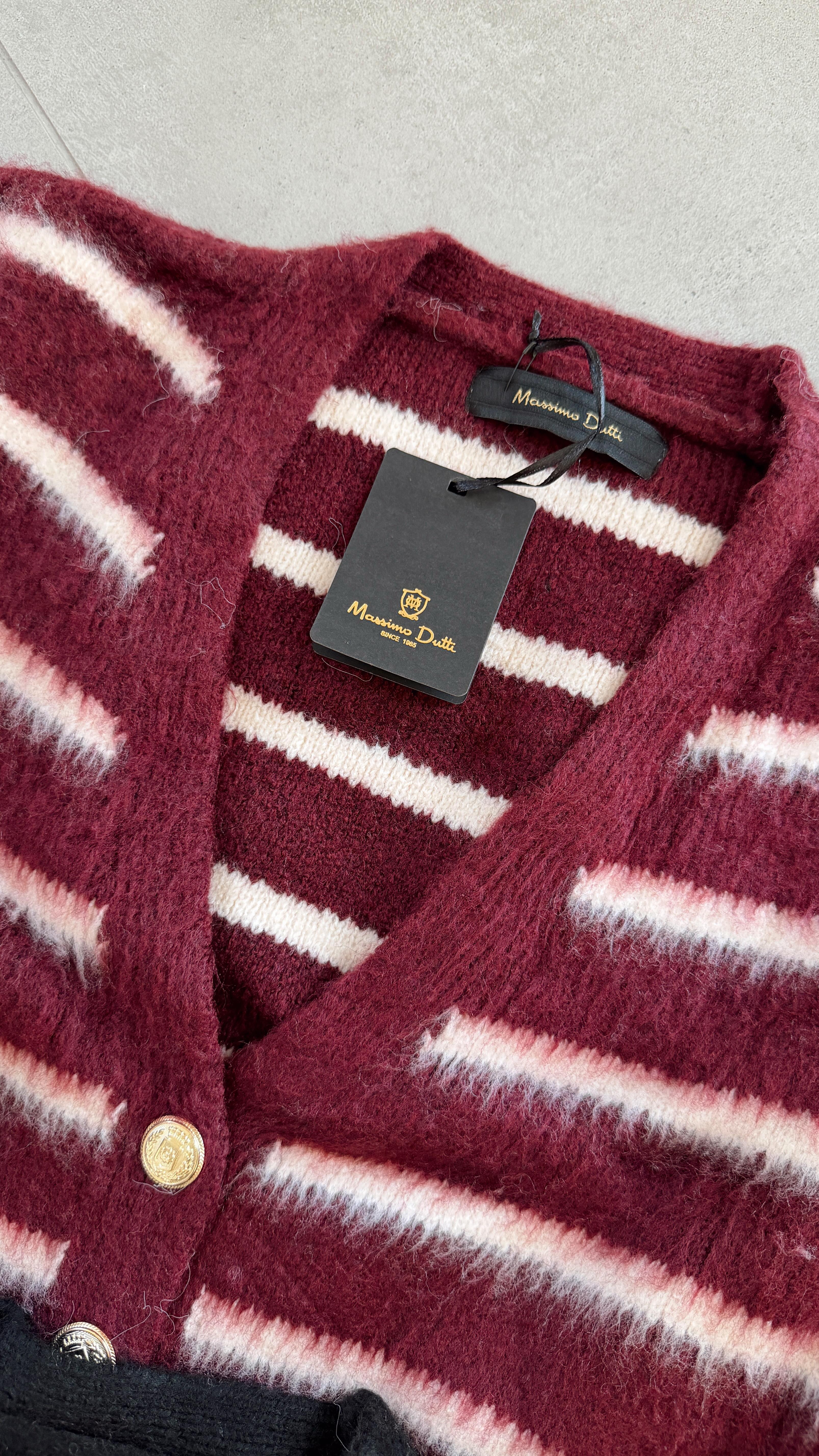 M-D Bordo-Beyaz Çizgili Triko Hırka