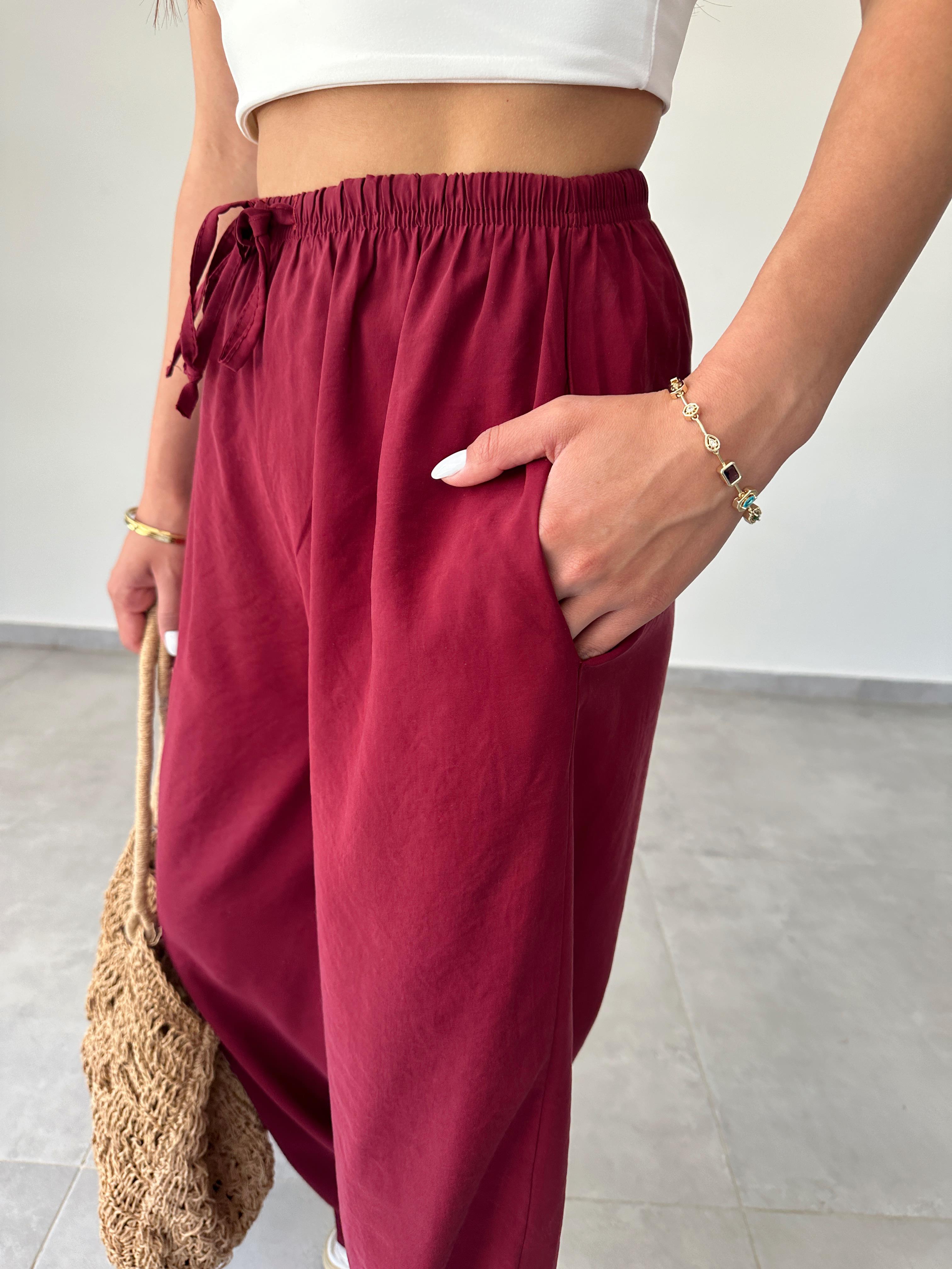 M-D Bordo Tensel İnce Kemerli Pantolon