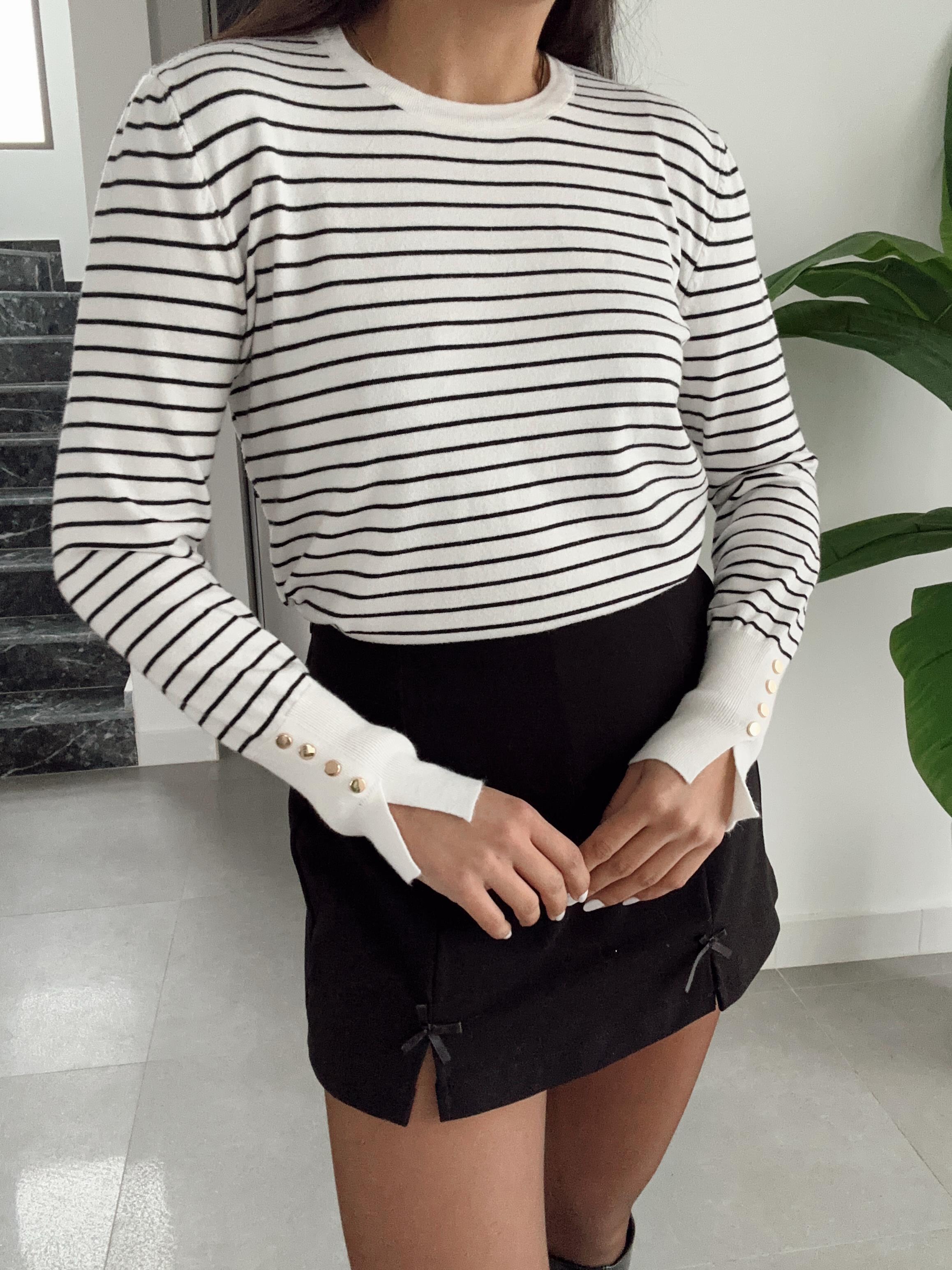 M-D Ekru-Siyah Çizgili Triko Bluz
