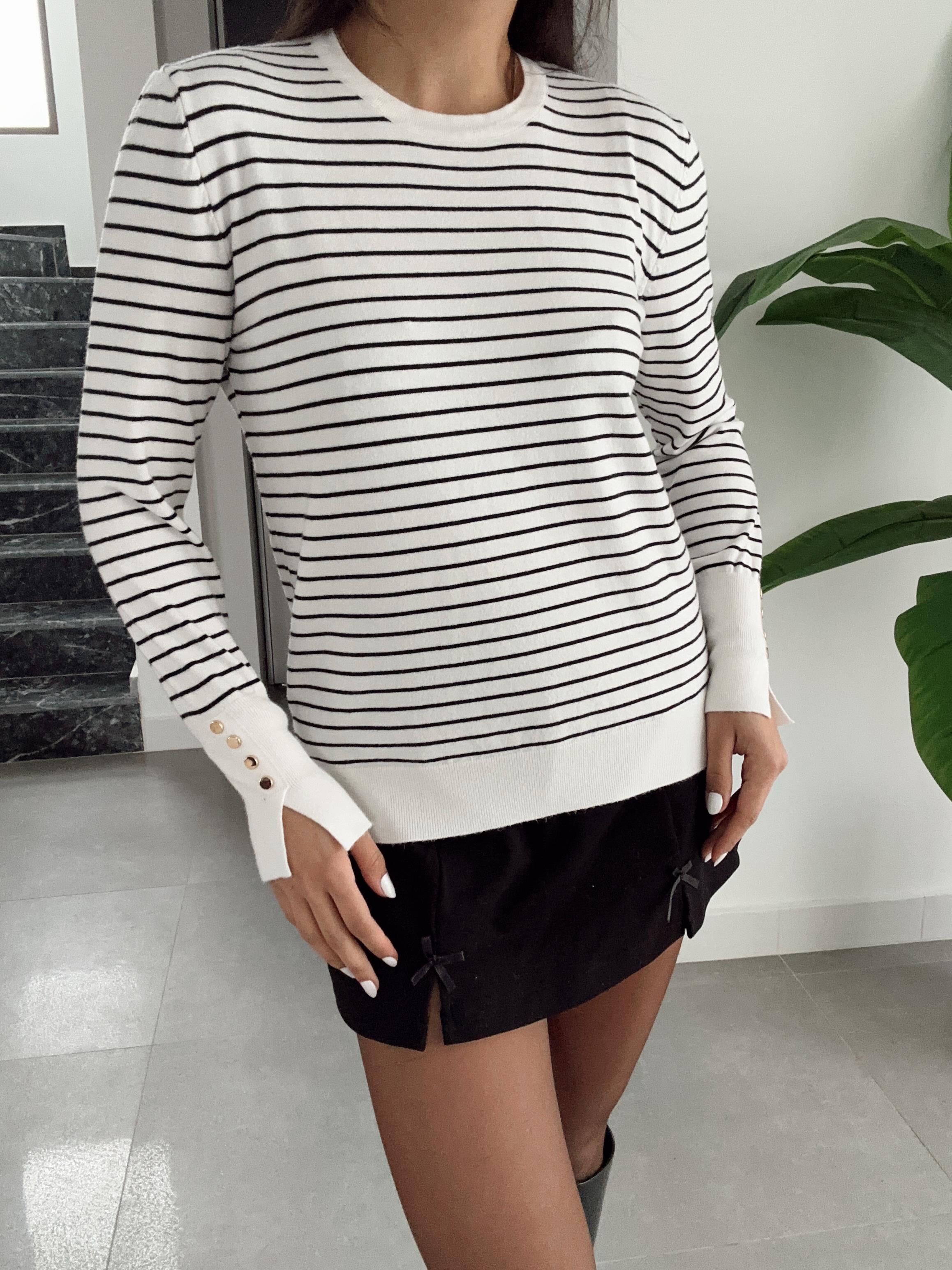 M-D Ekru-Siyah Çizgili Triko Bluz