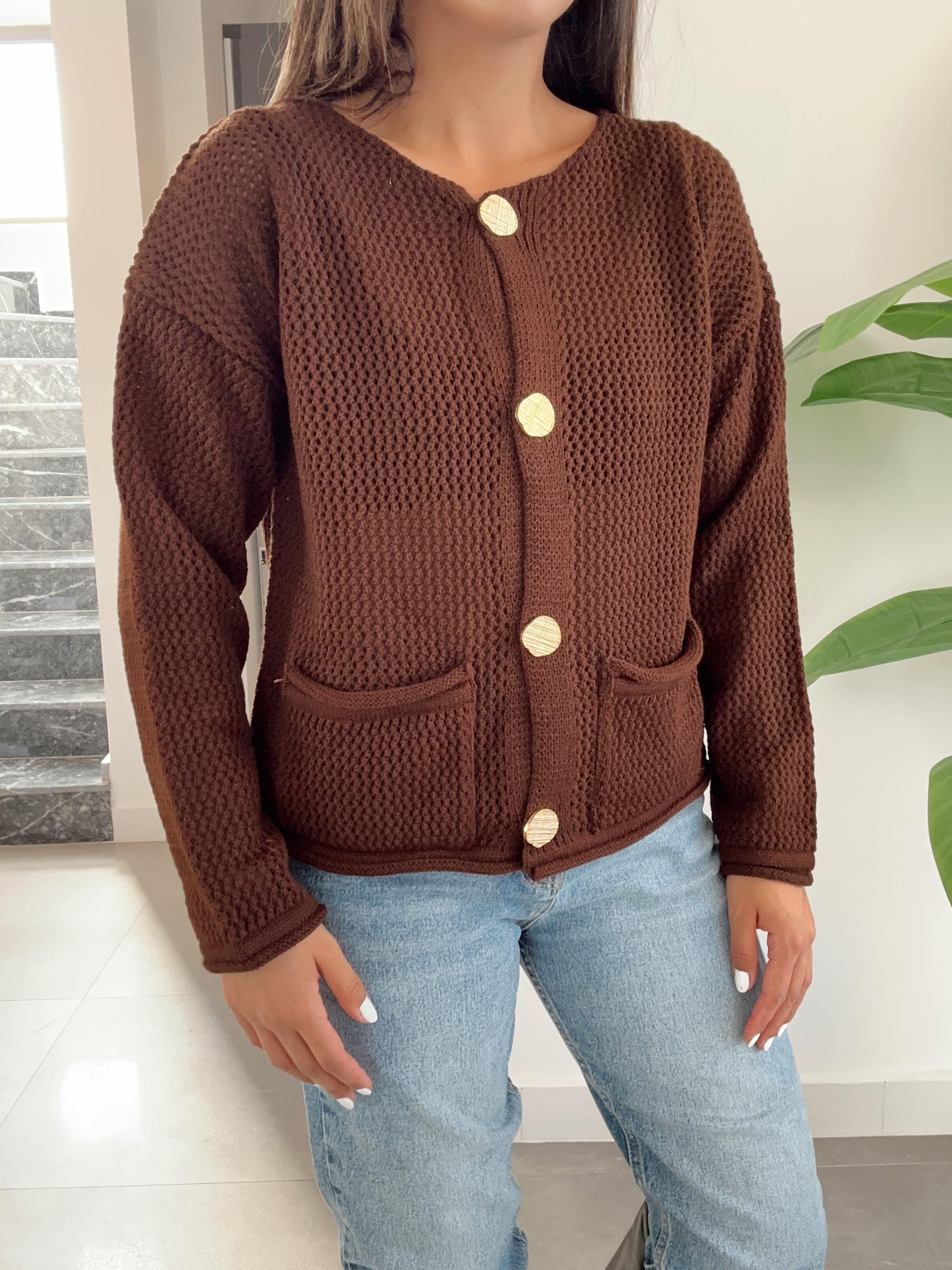 M-D Kahve Gold Düğmeli Hırka