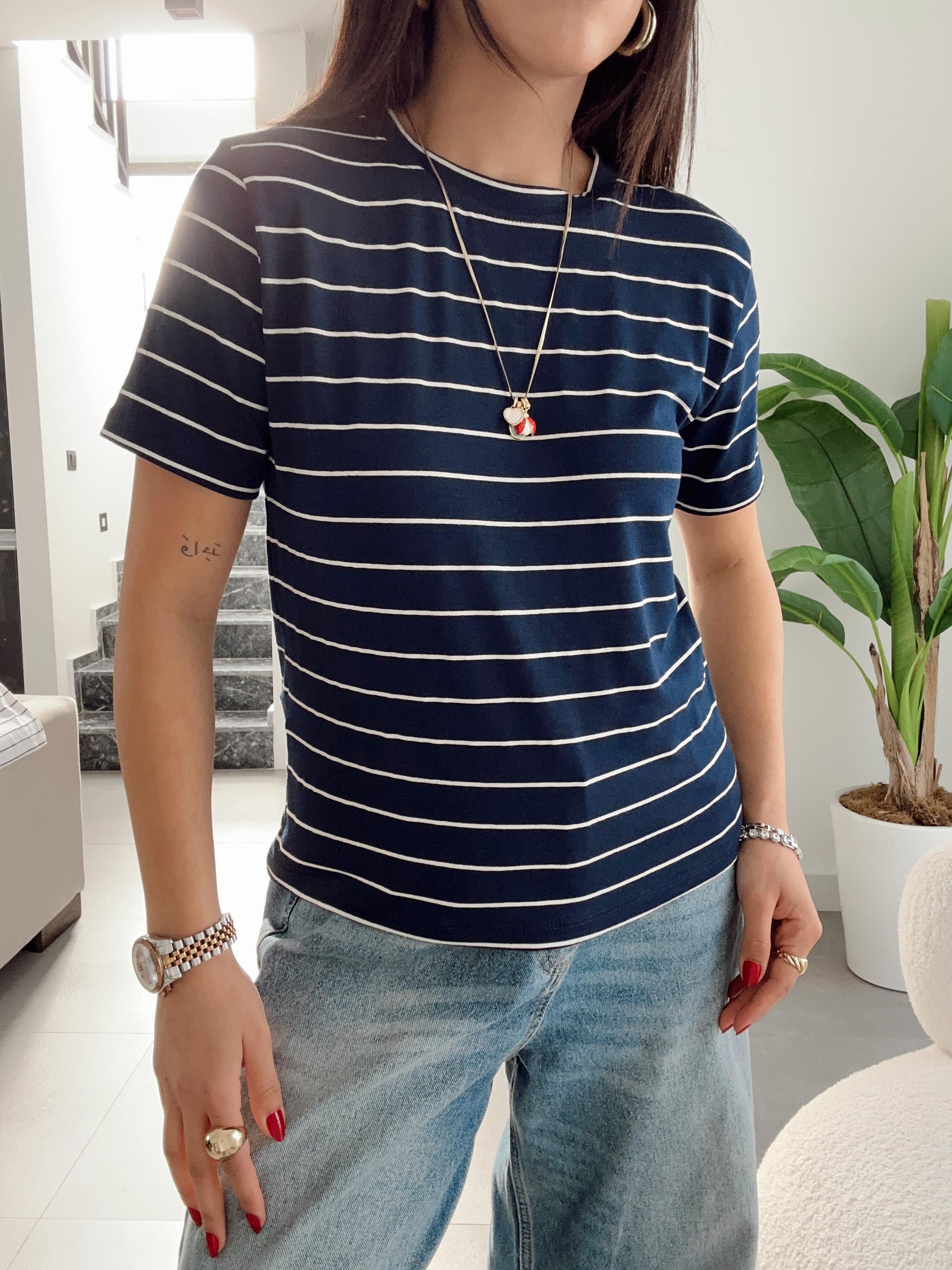 M-D Lacivert-Ekru Çizgil Basic Tişört
