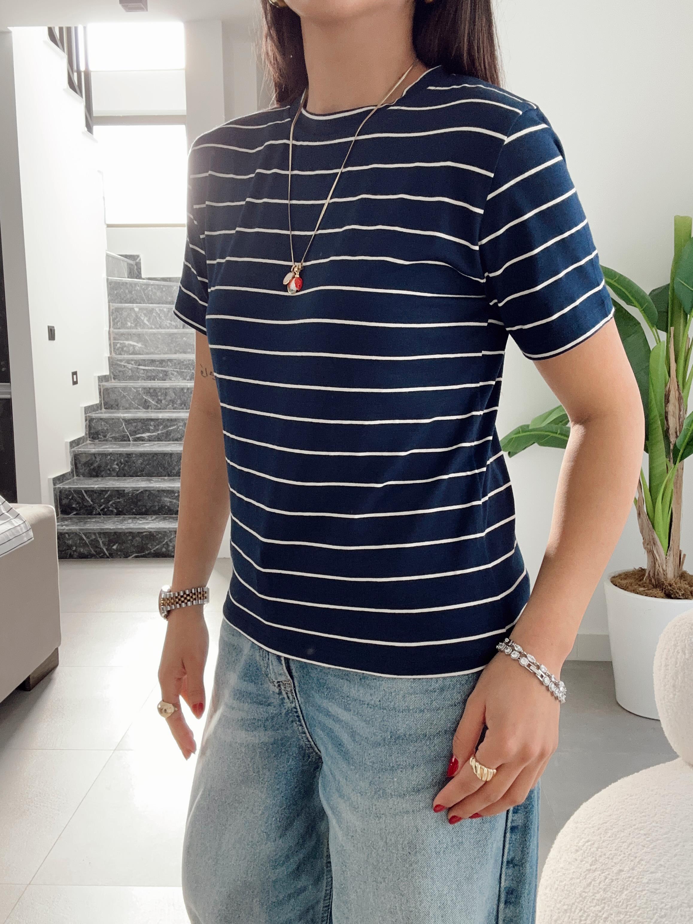 M-D Lacivert-Ekru Çizgil Basic Tişört