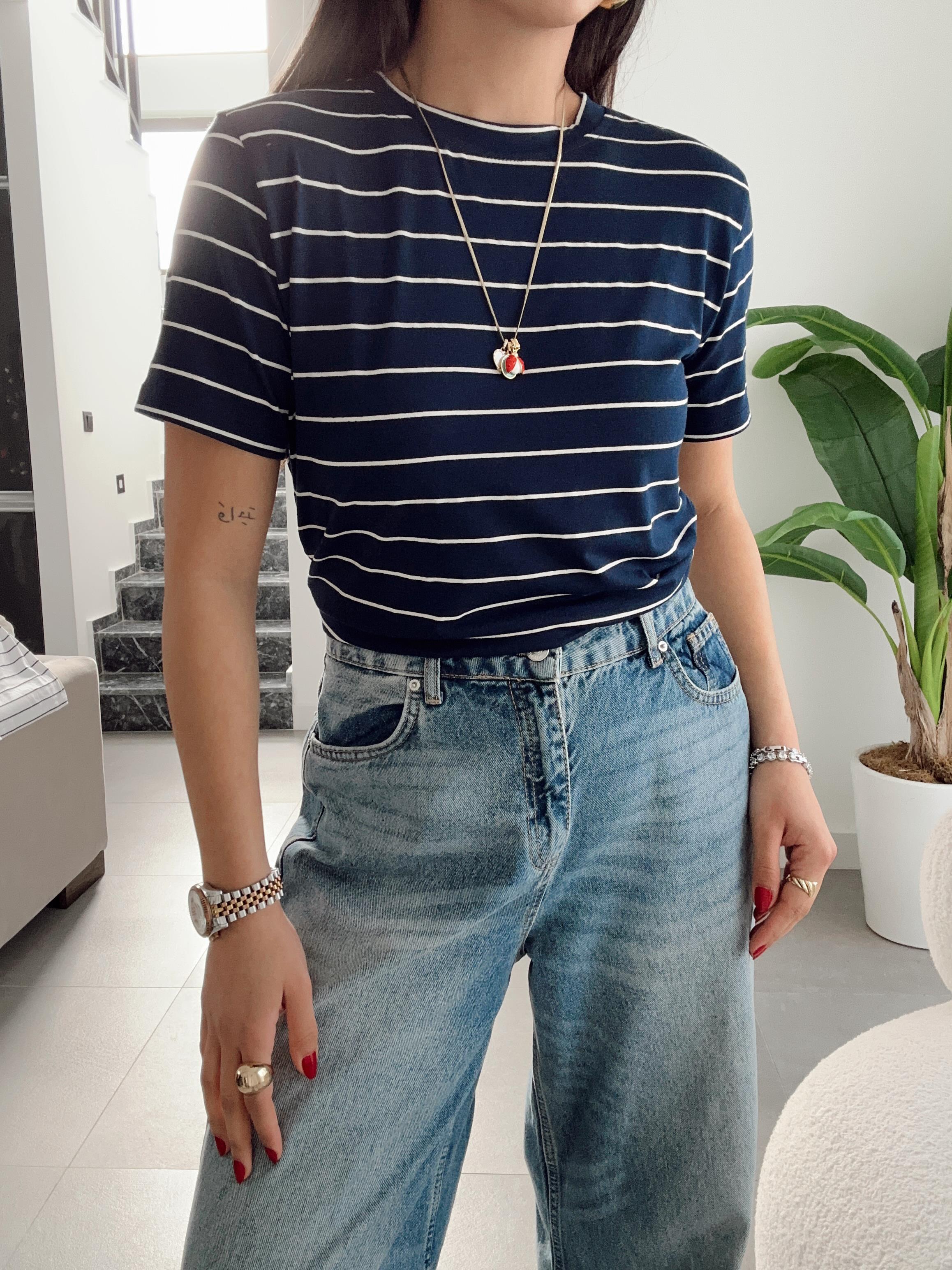 M-D Lacivert-Ekru Çizgil Basic Tişört