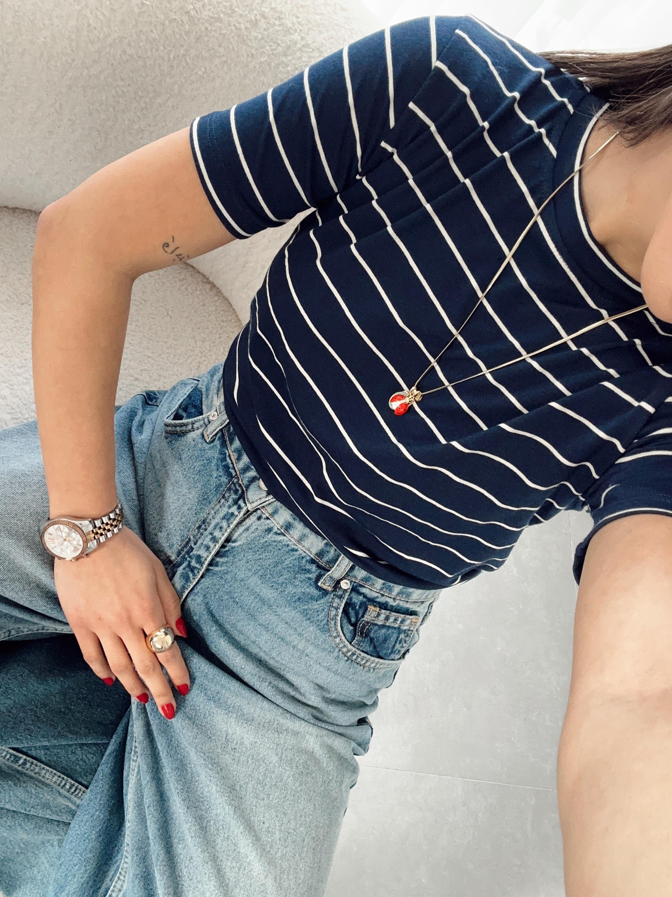 M-D Lacivert-Ekru Çizgil Basic Tişört