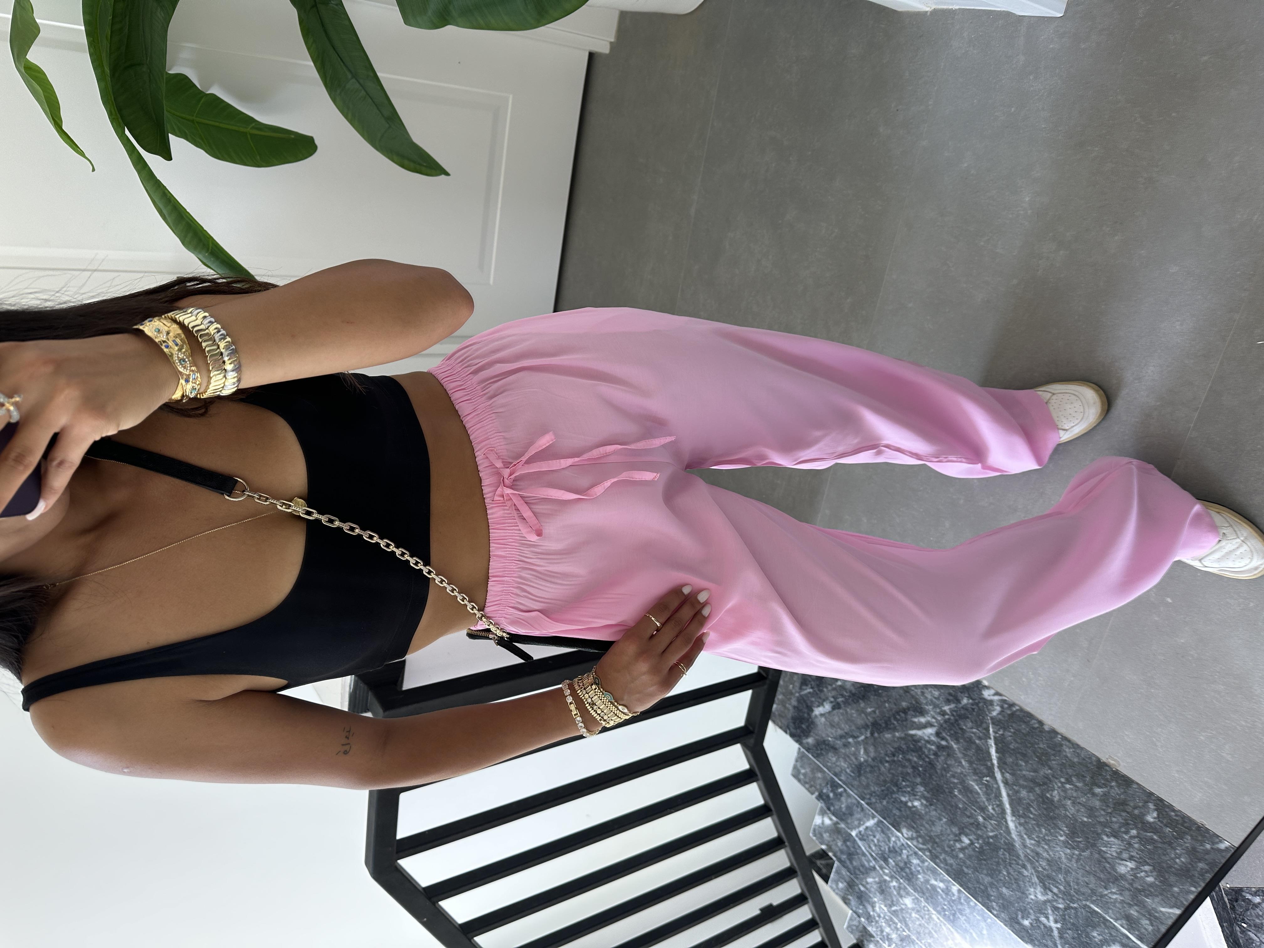 M-D Pembe Tensel İnce Kemerli Pantolon