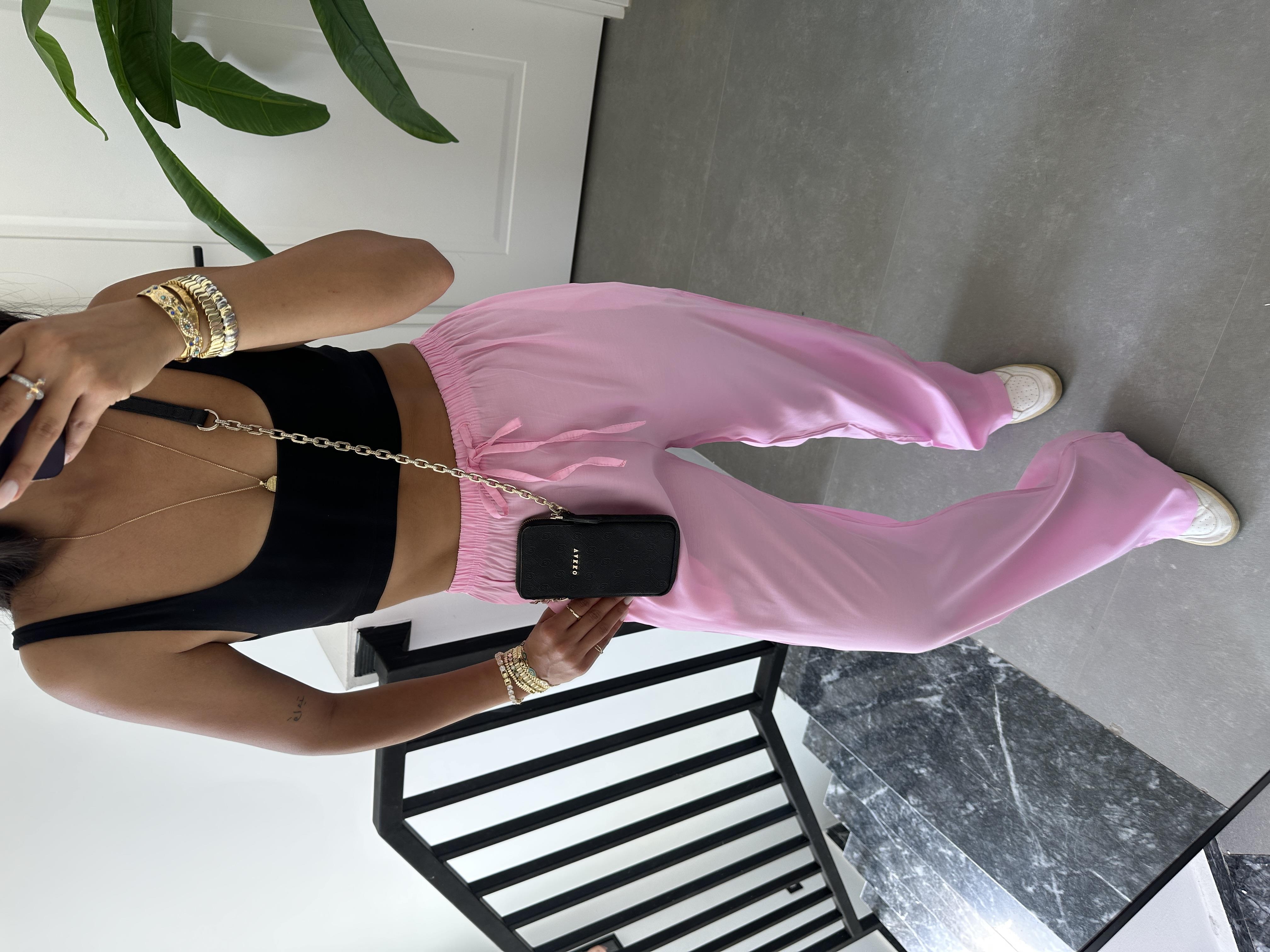 M-D Pembe Tensel İnce Kemerli Pantolon