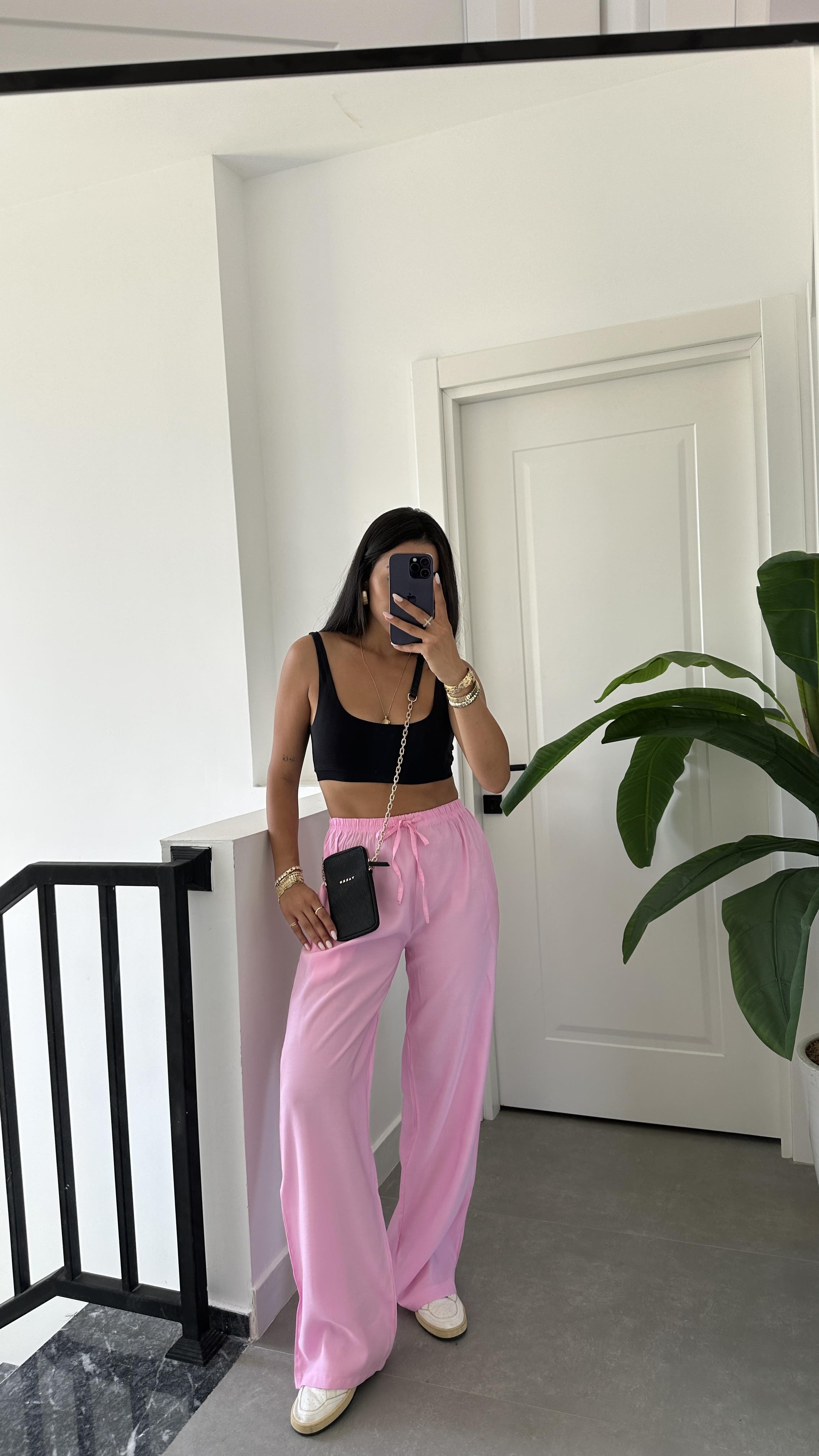 M-D Pembe Tensel İnce Kemerli Pantolon