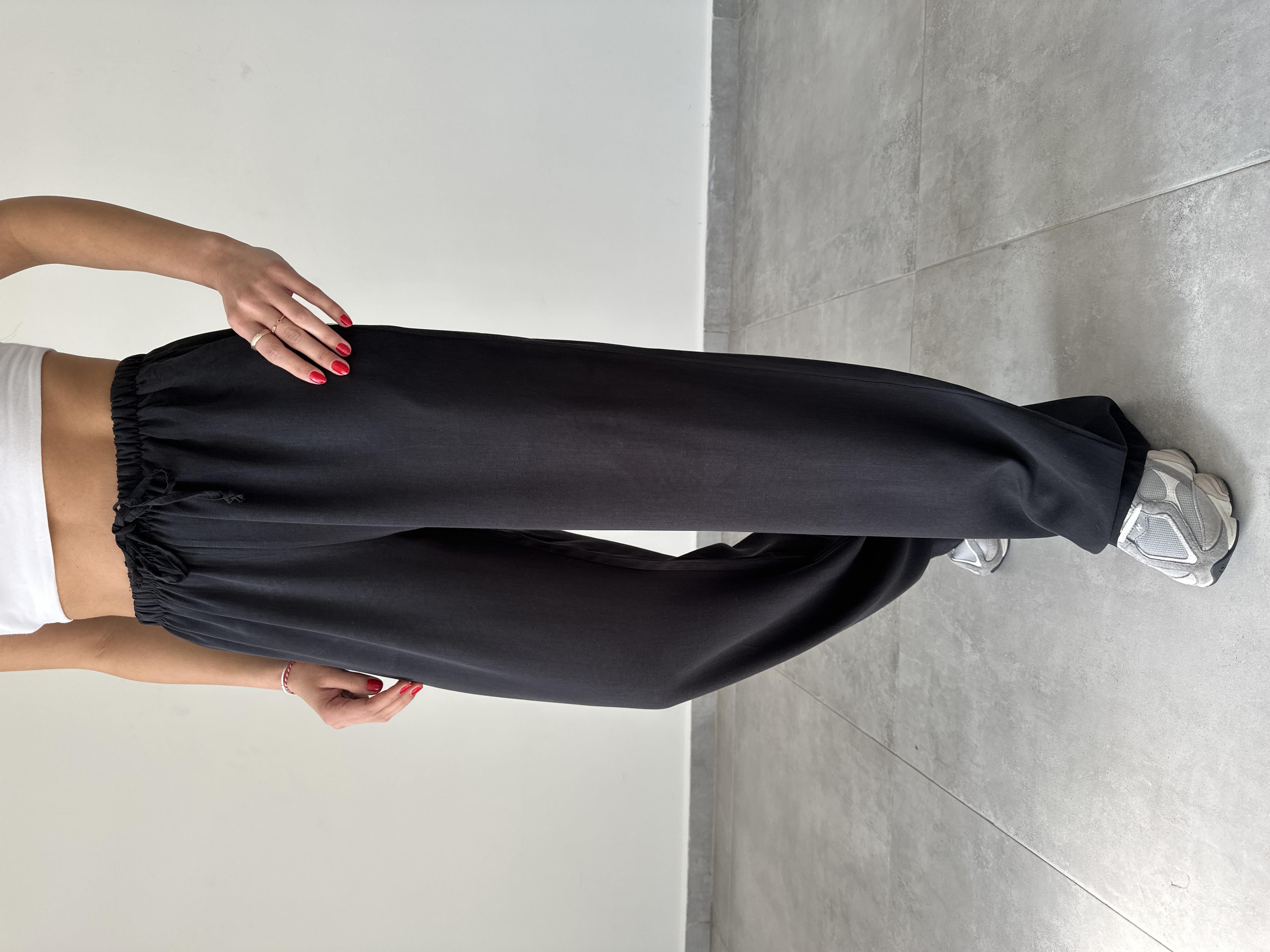 M-D Siyah Tensel Kumaş Beli Lastikli Palazzo