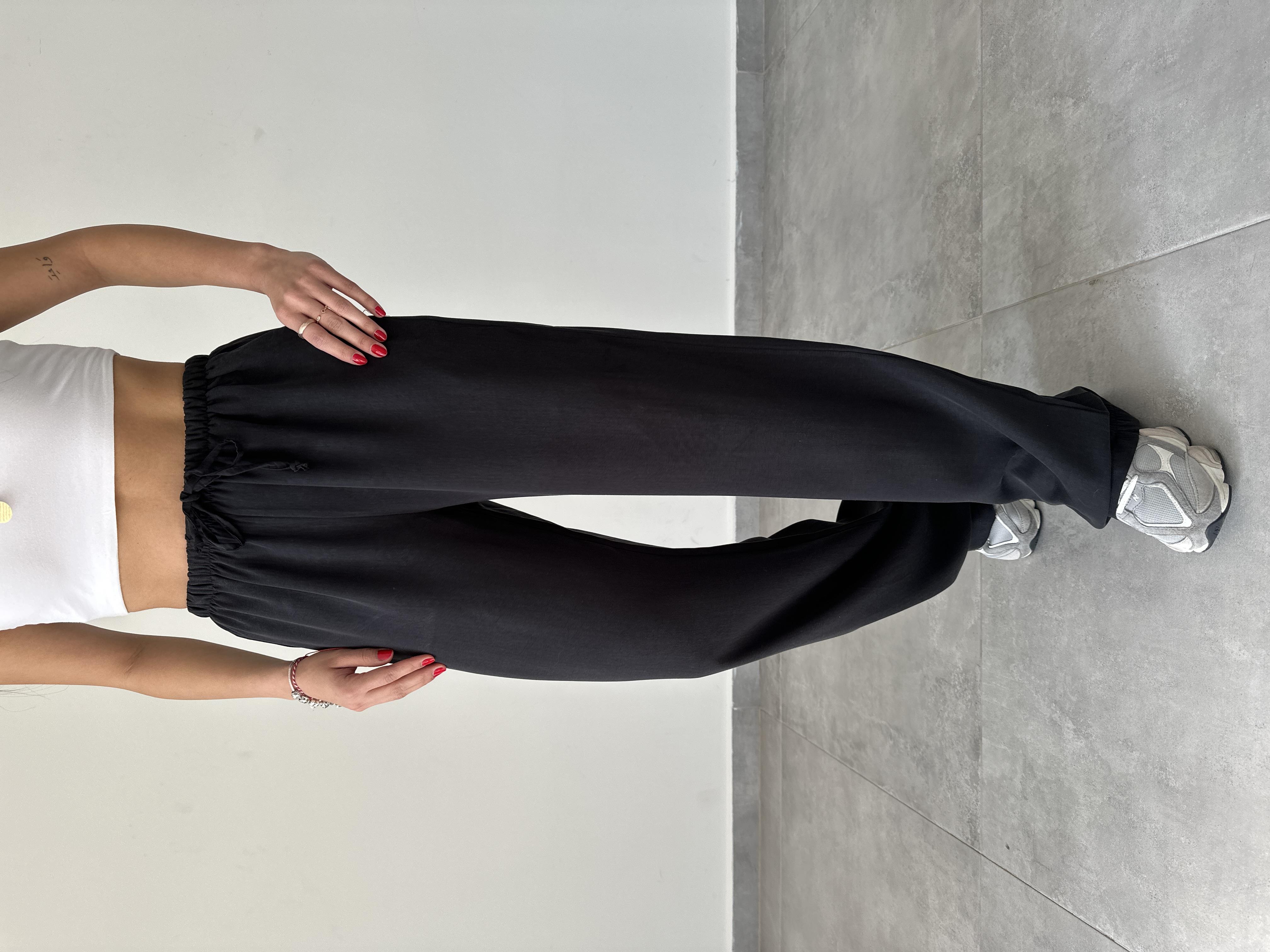 M-D Siyah Tensel Kumaş Beli Lastikli Palazzo