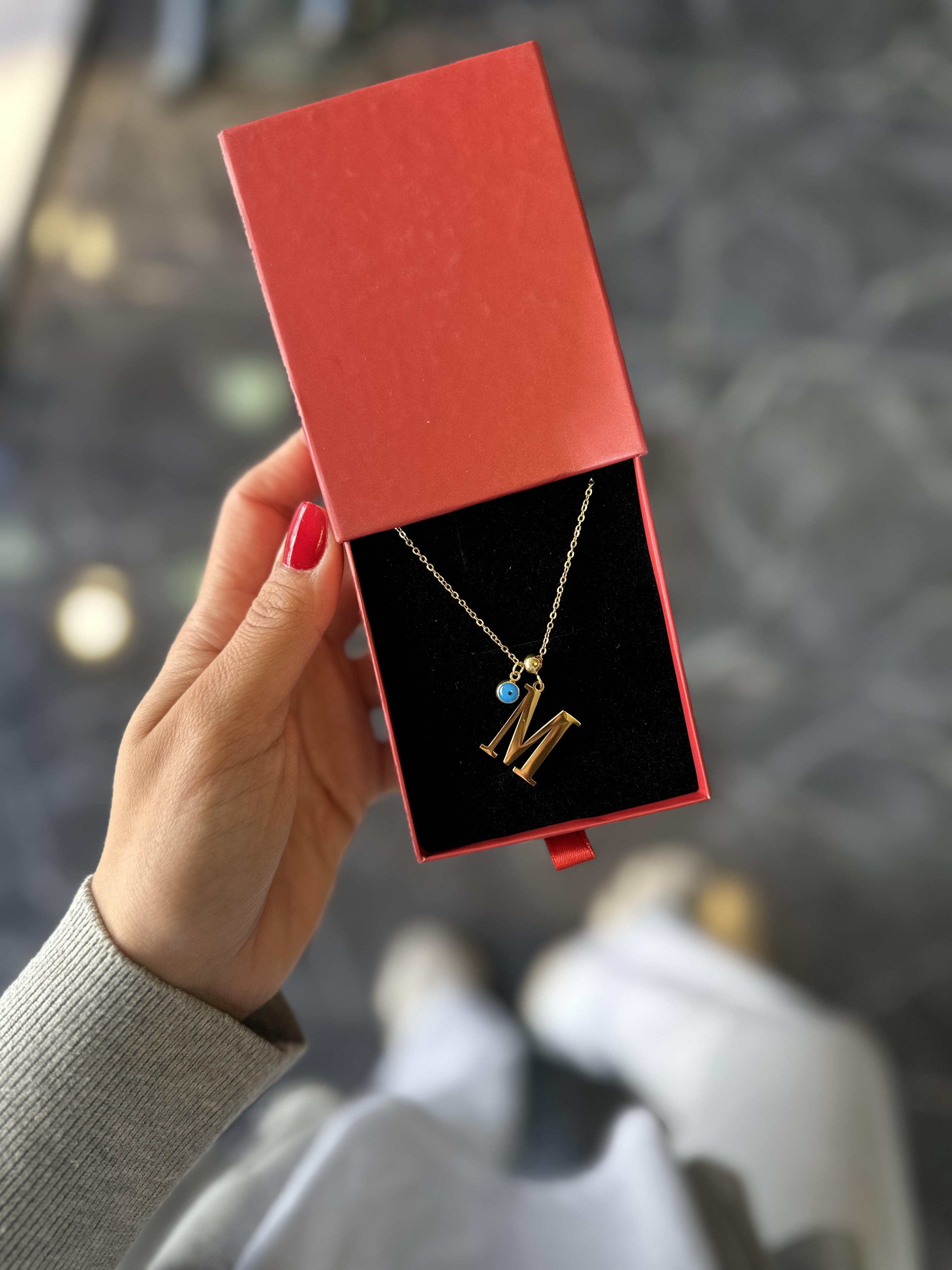 M Gold Nazar Boncuklu Harf Çelik Kolye