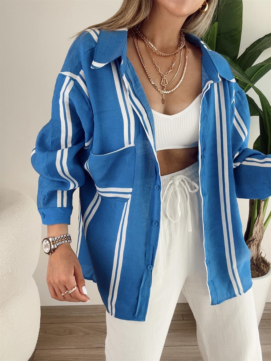 Mavi-Beyaz Düşük Omuz Çizgili Gömlek