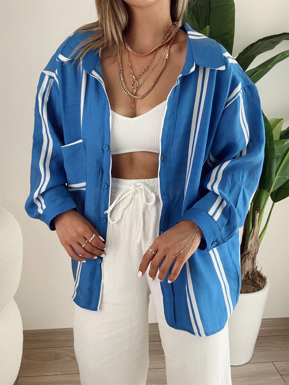 Mavi-Beyaz Düşük Omuz Çizgili Gömlek