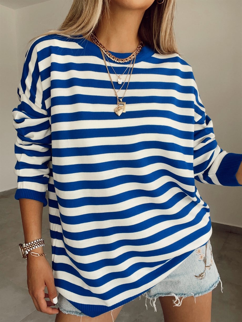 Mavi Çizgili Triko Kazak