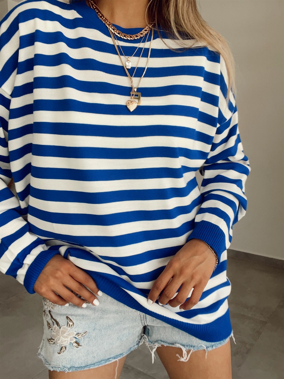 Mavi Çizgili Triko Kazak