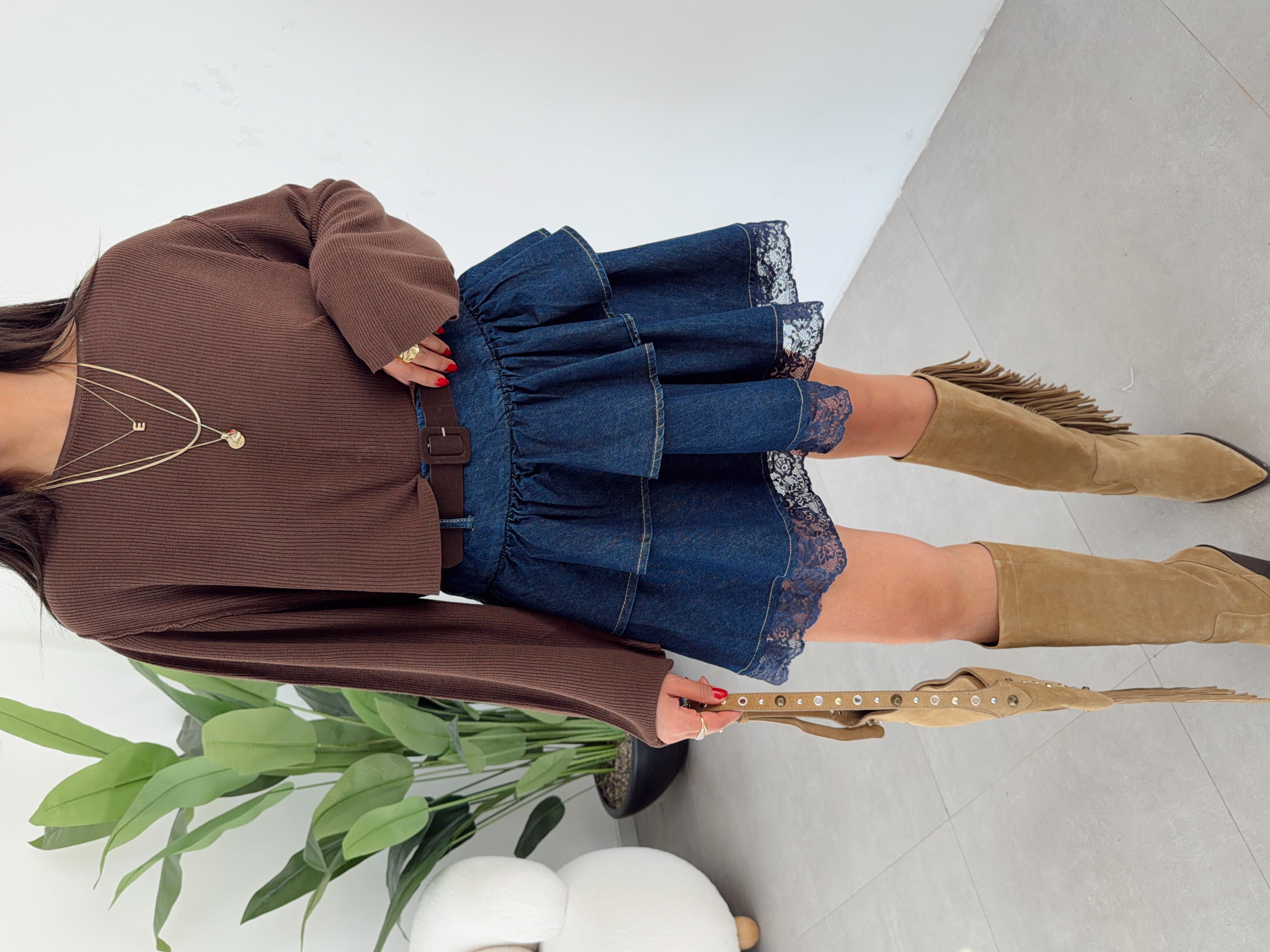 Mavi Dantelli Fırfırlı Denim Etek