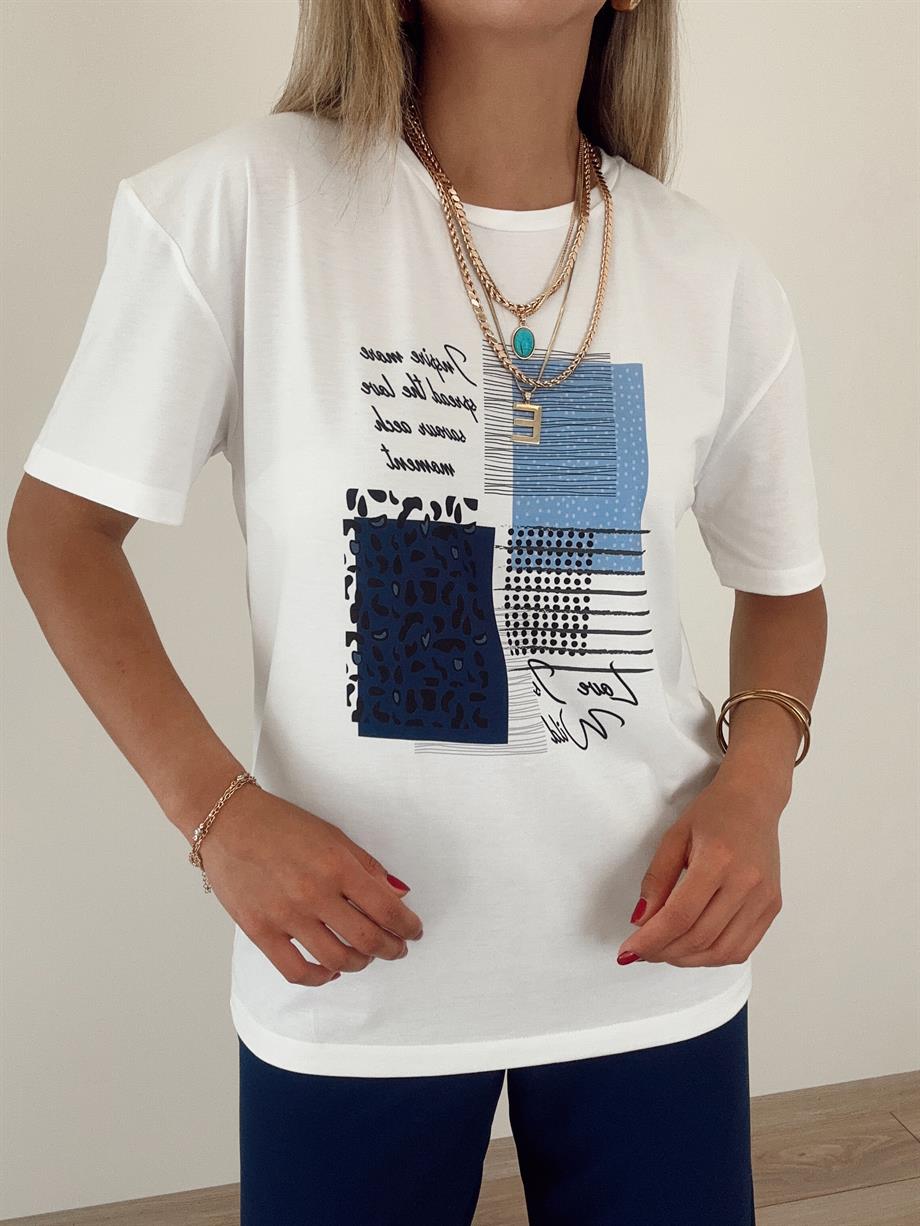 Mavi Desenli Ekru Tişört