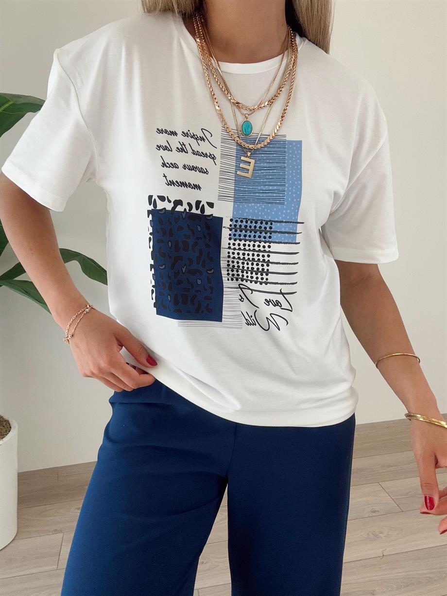 Mavi Desenli Ekru Tişört