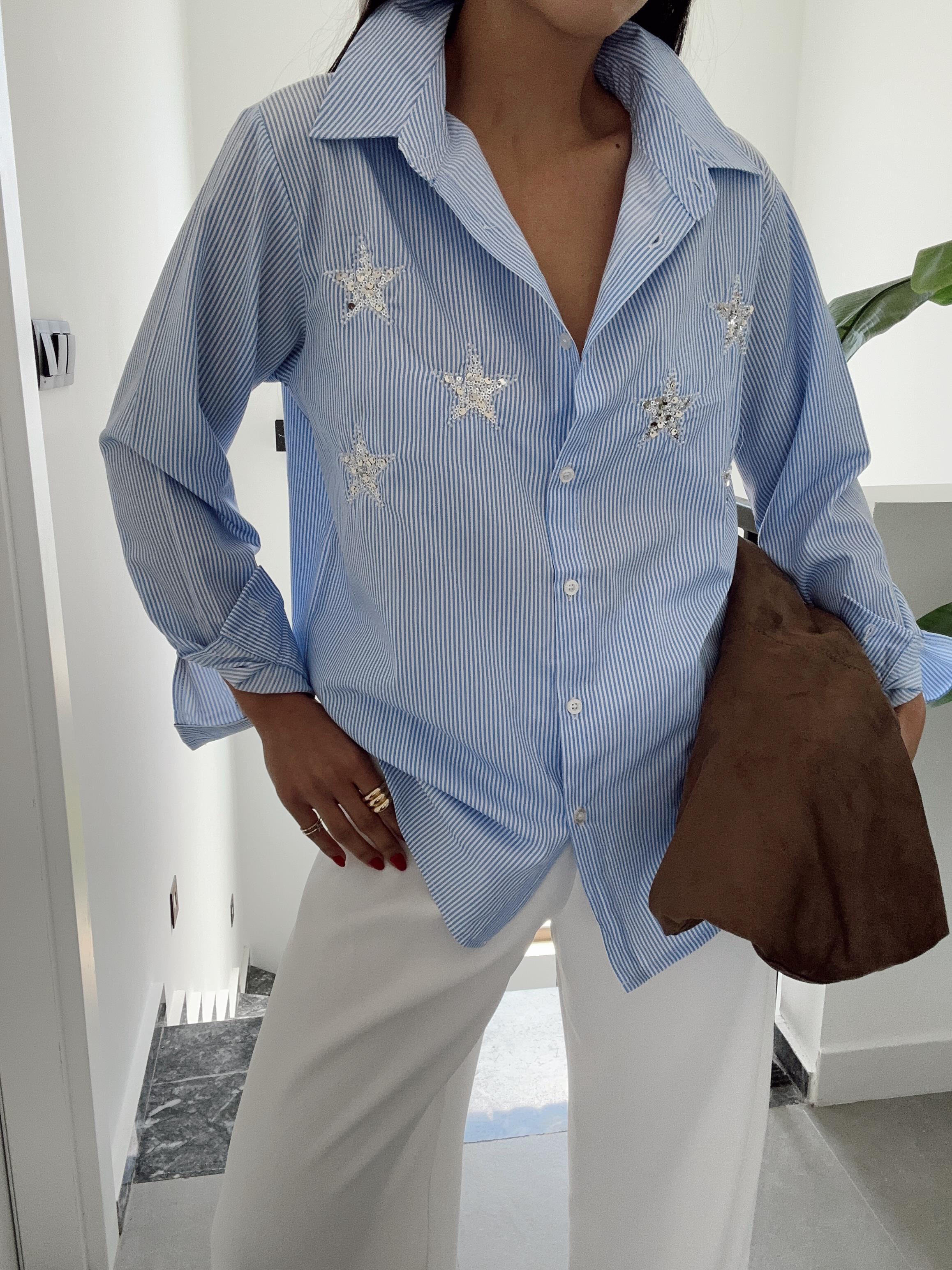 Mavi Ekru Çizgili Yıldız İşlemeli Gömlek