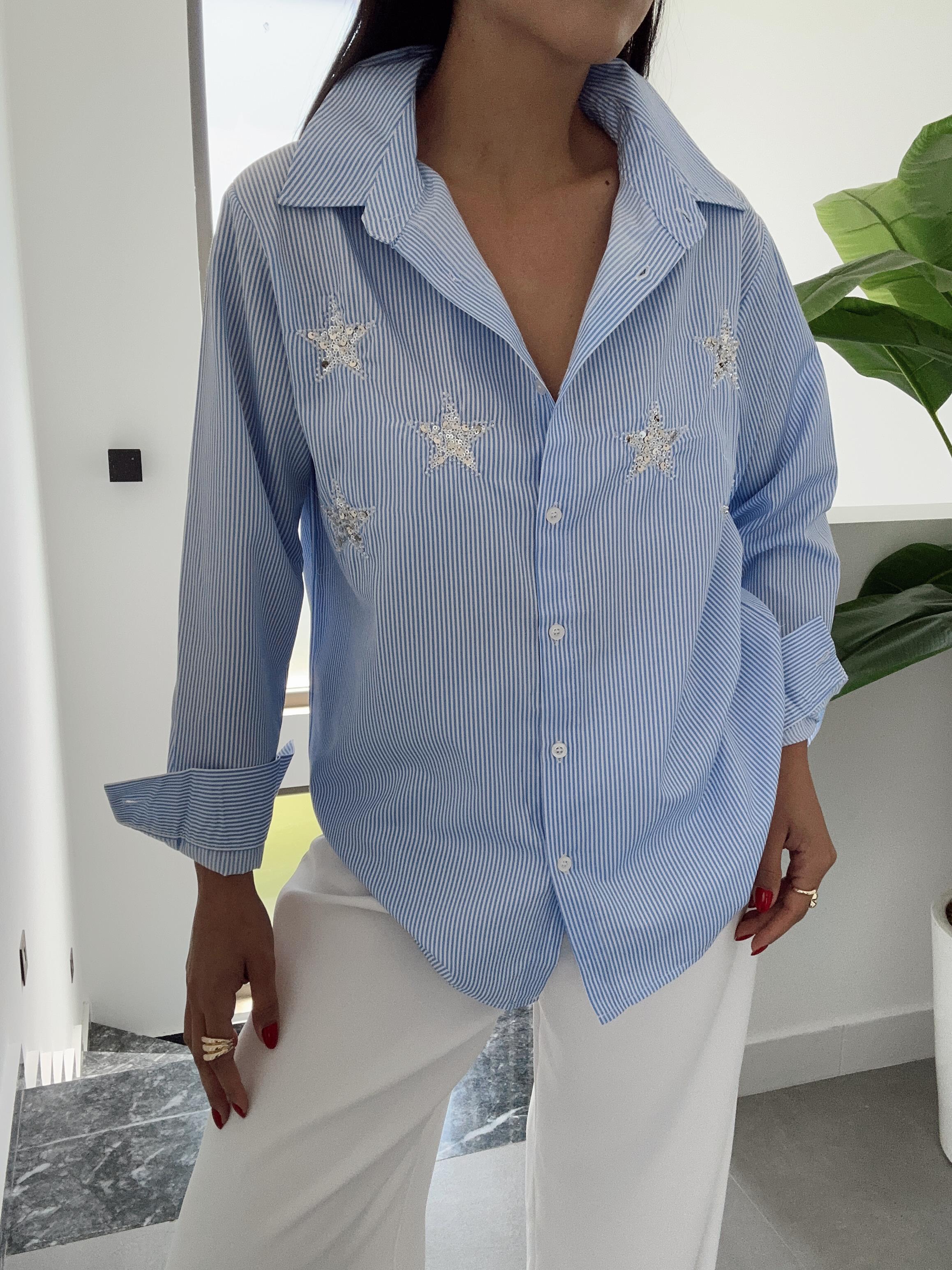 Mavi Ekru Çizgili Yıldız İşlemeli Gömlek