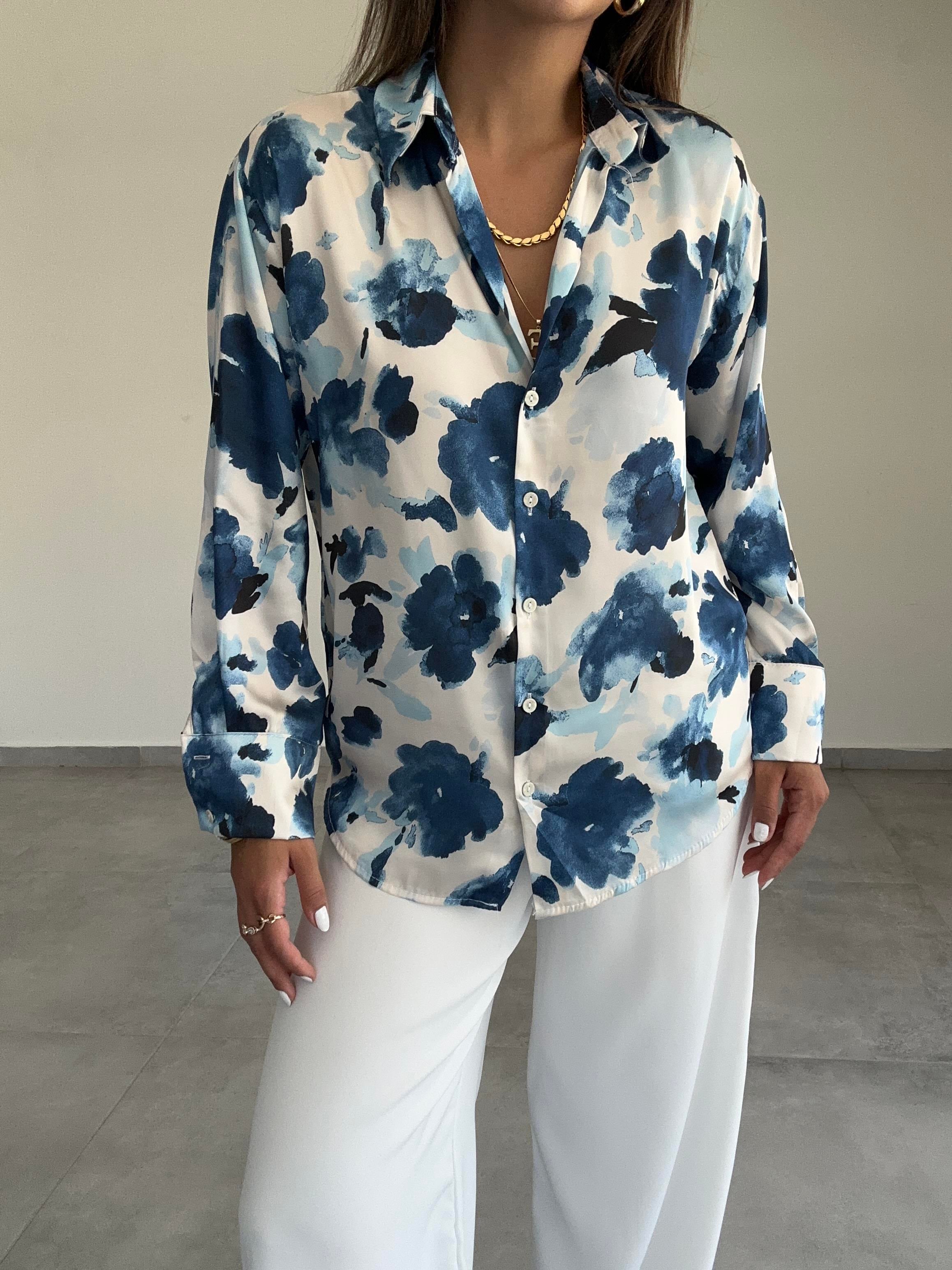 Mavi-Ekru Desenli Saten Gömlek