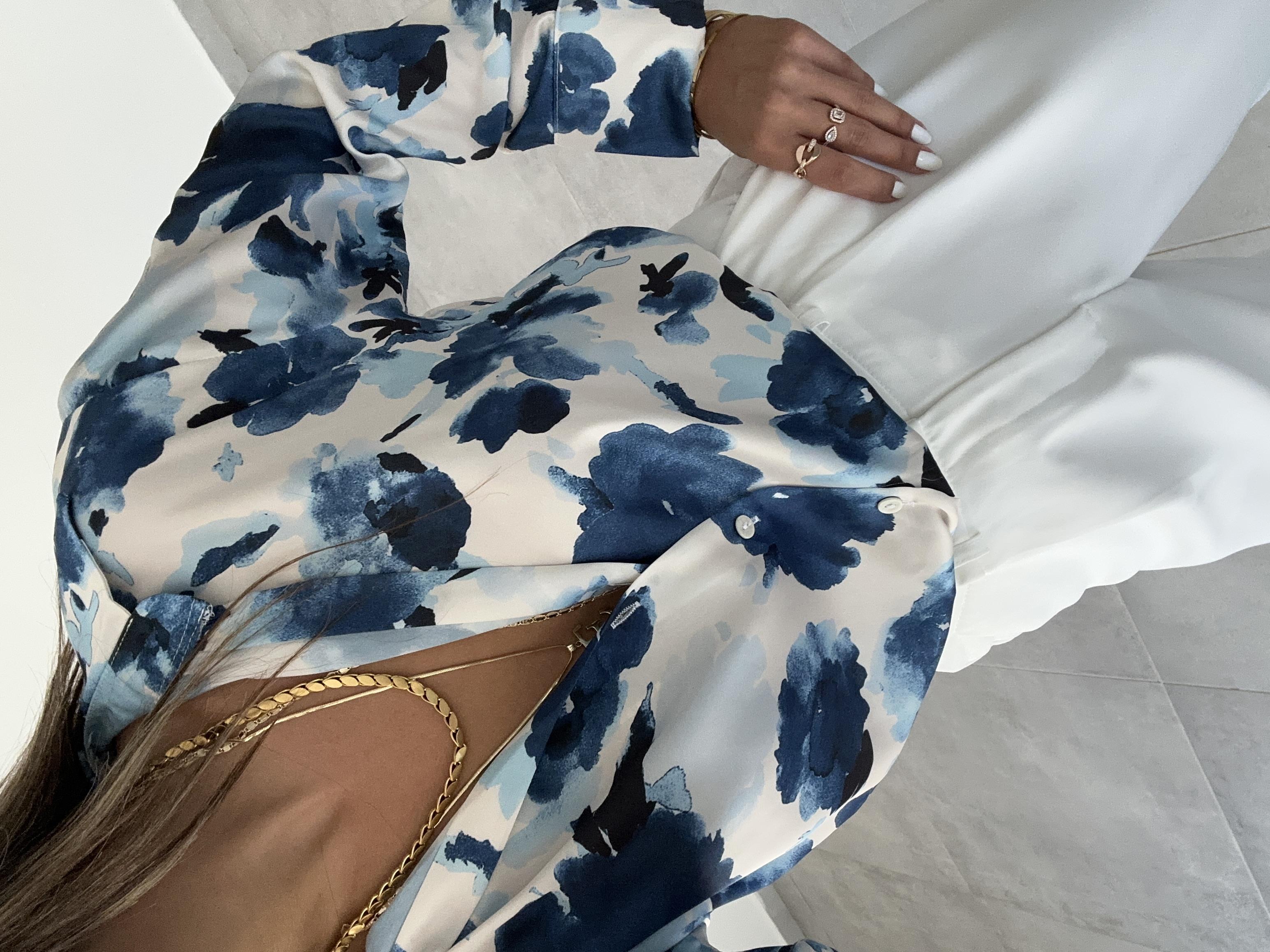 Mavi-Ekru Desenli Saten Gömlek