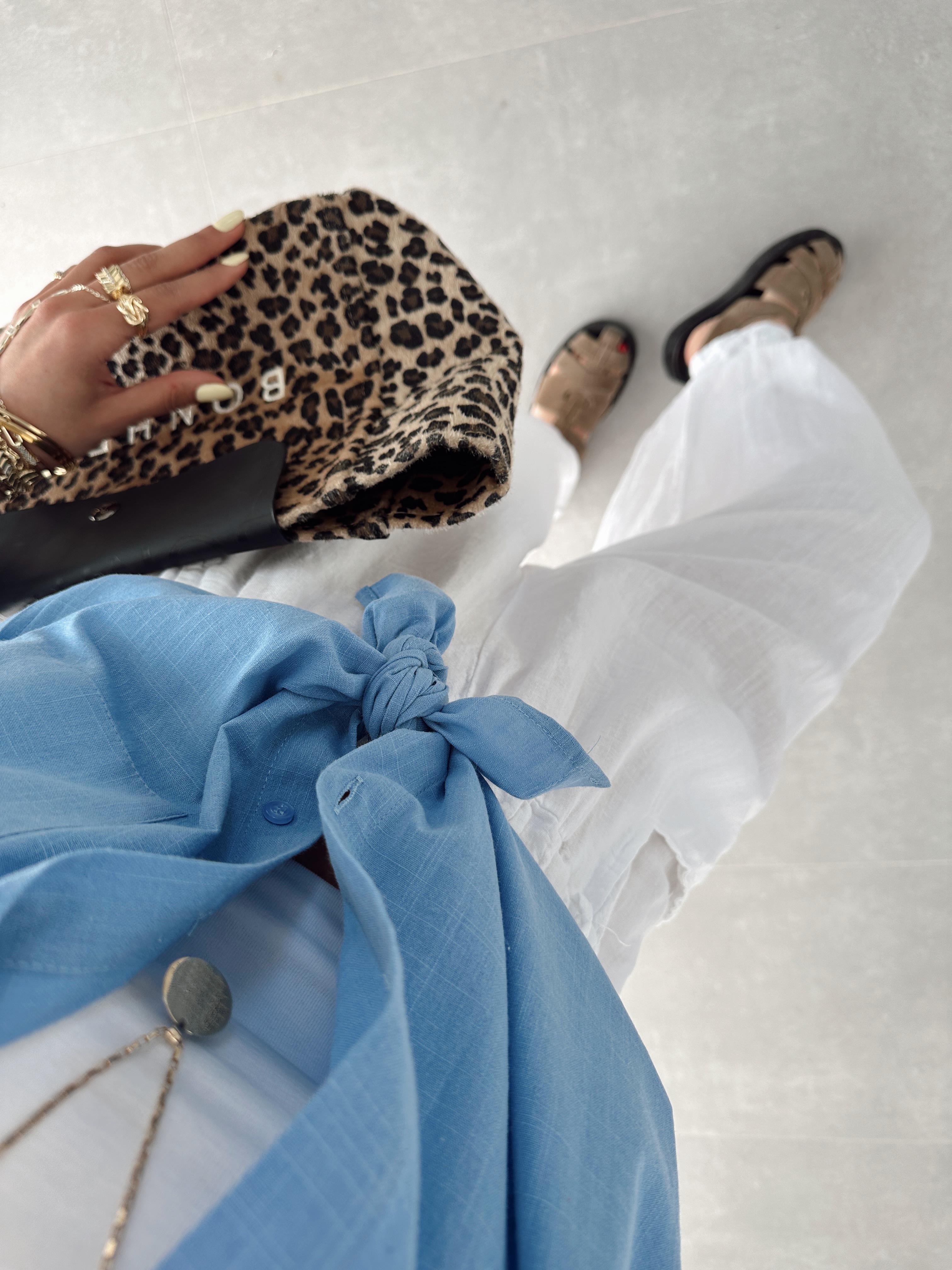 Mavi Flamlı Keten Tek Cep Oversize Gömlek