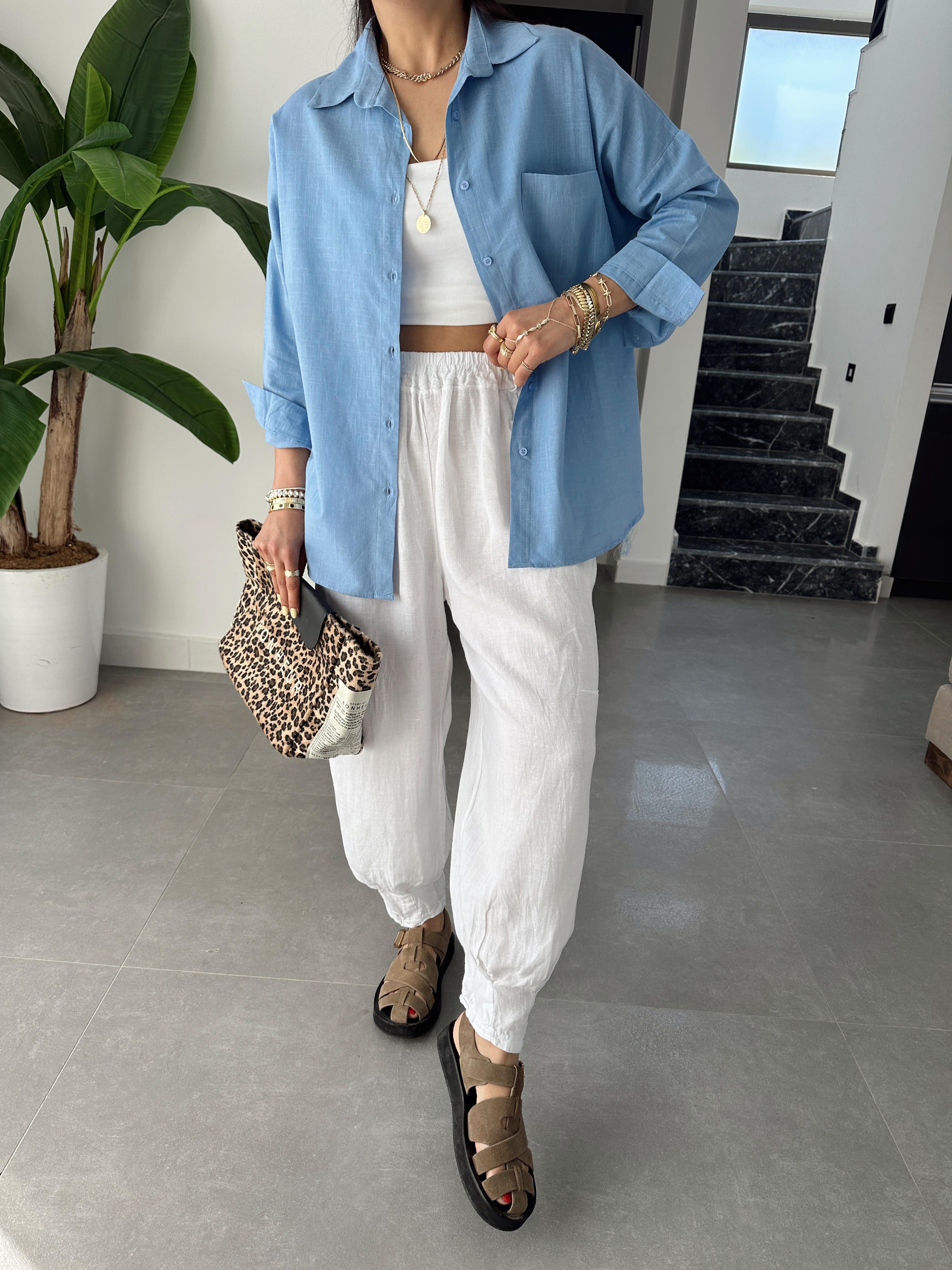 Mavi Flamlı Keten Tek Cep Oversize Gömlek