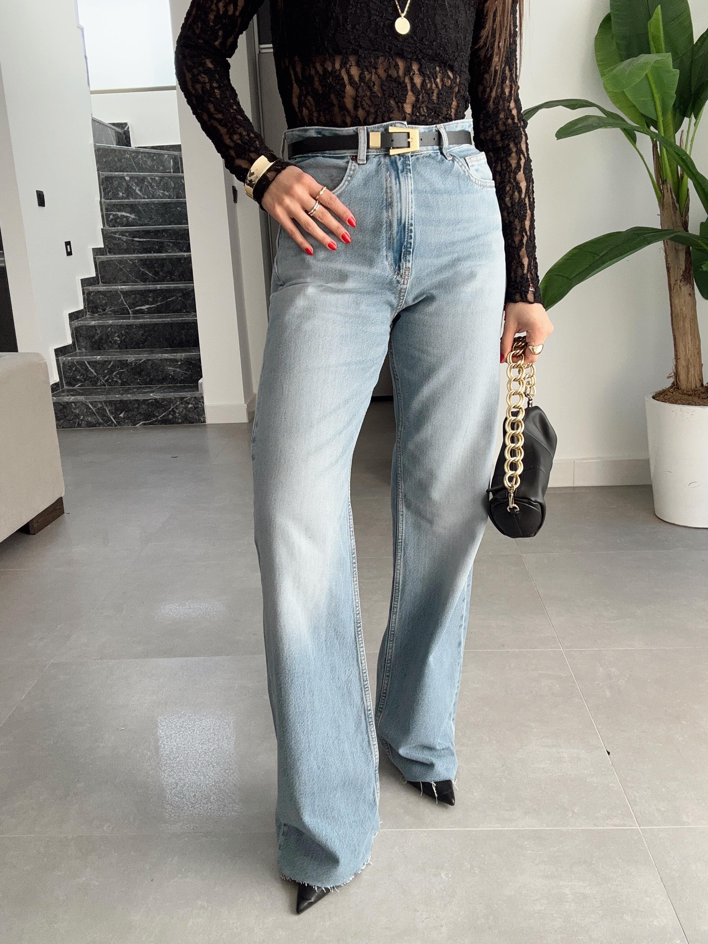 Mavi Likralı Yüksek Bel Bol Paça Jean Pantolon
