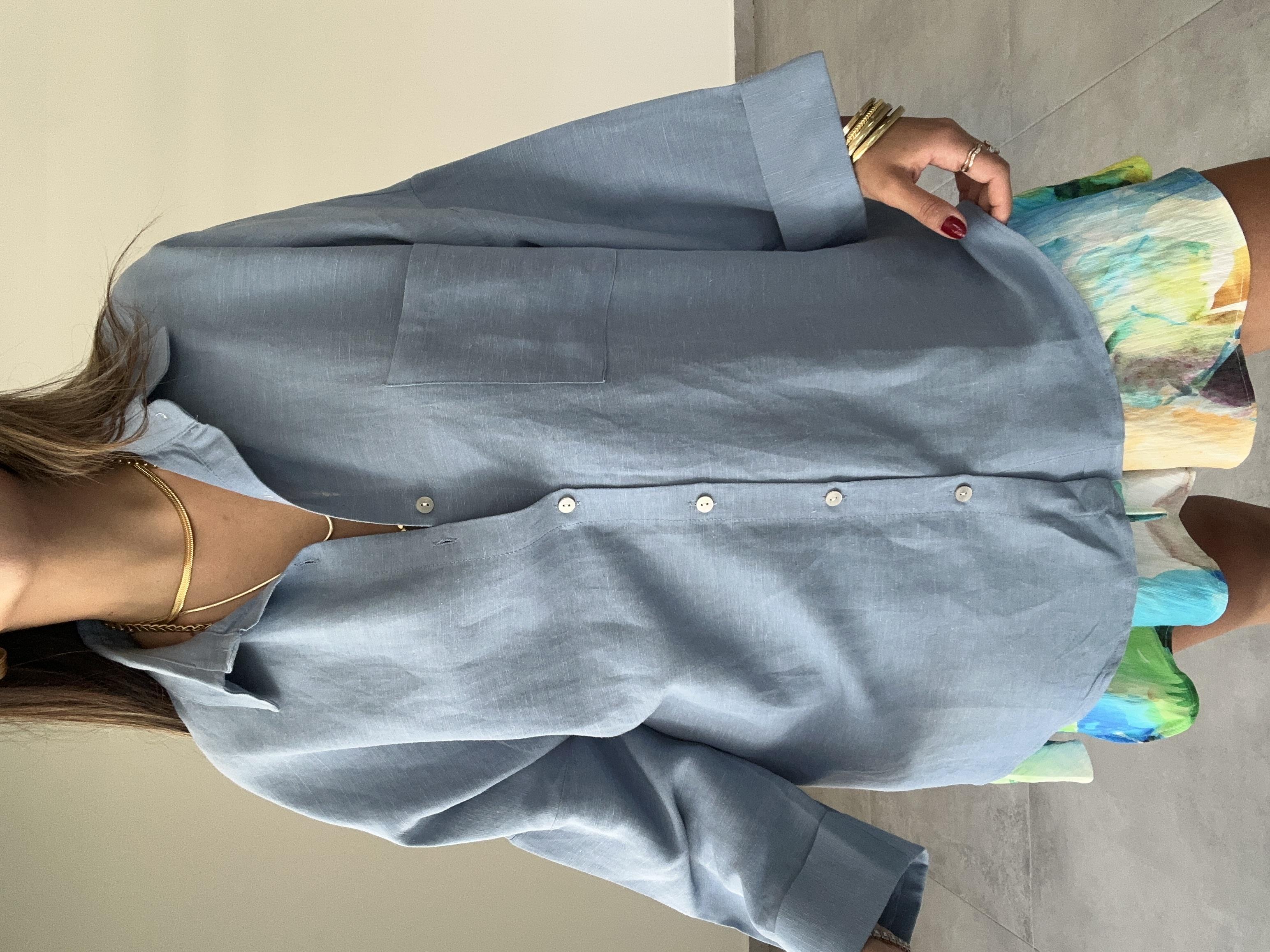 Mavi  Oversize Keten Gömlek