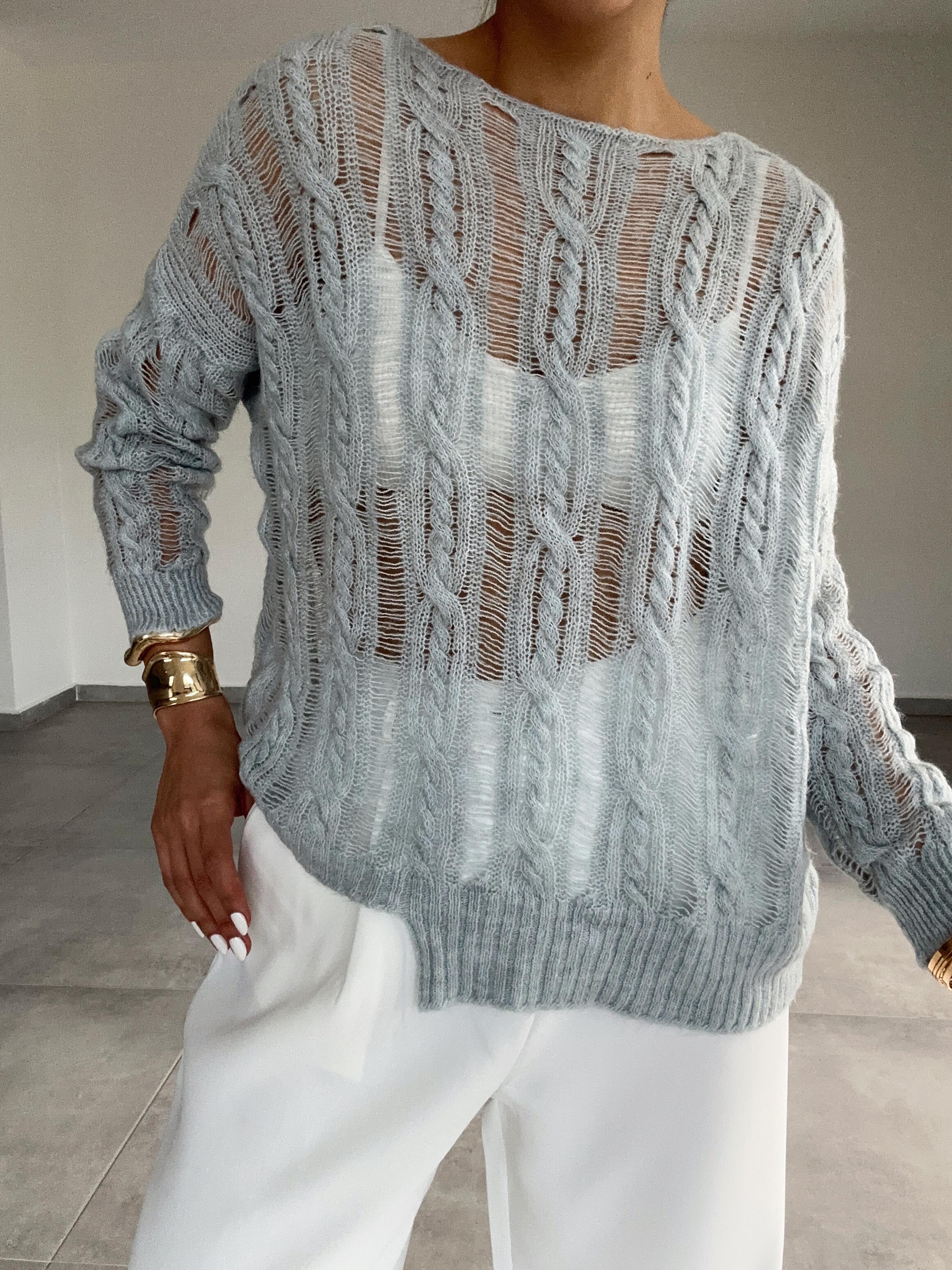 Mavi Saç Örgülü Ajurlu Kazak