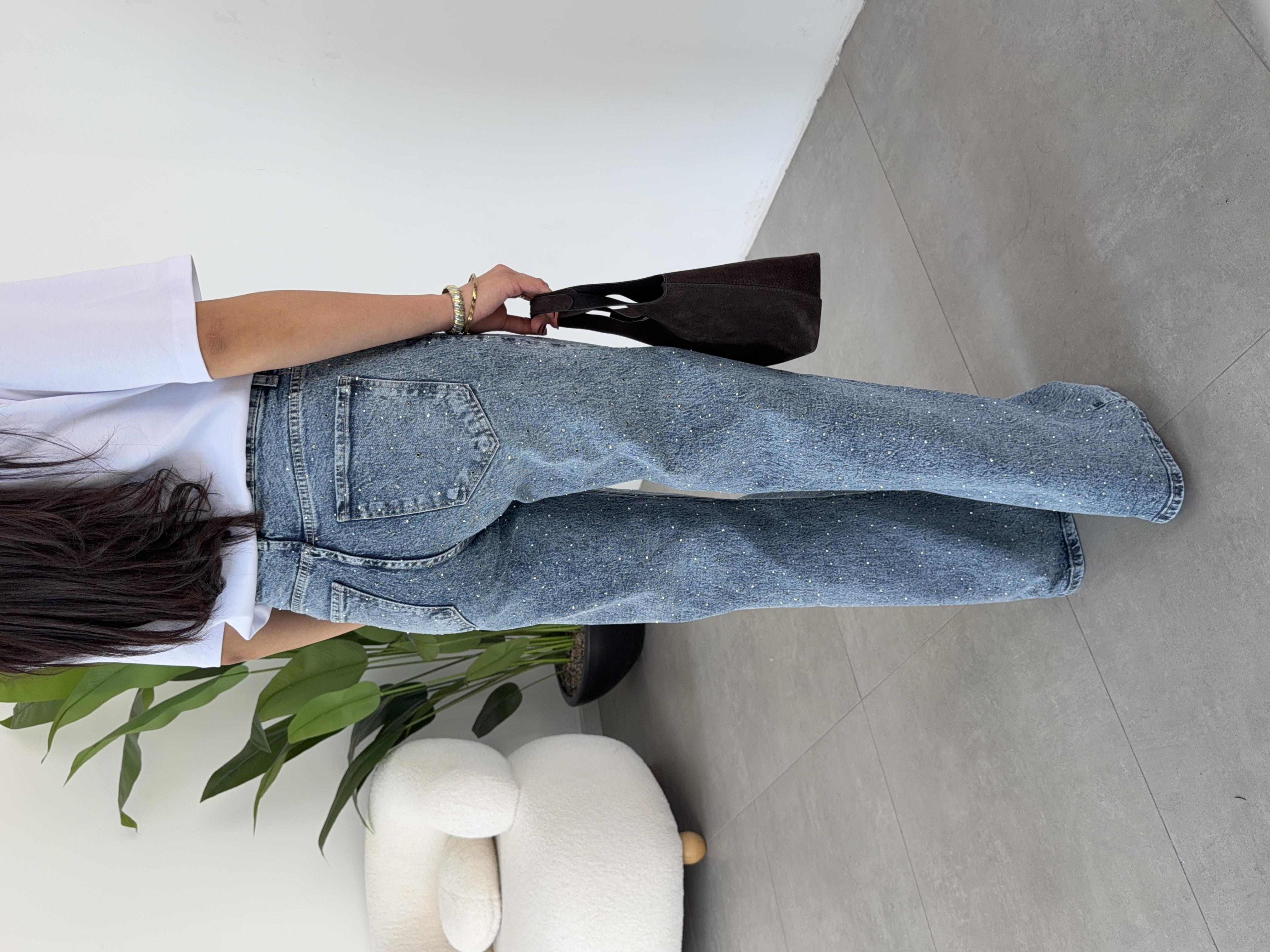 Mavi Taşlı Wideleg Jean