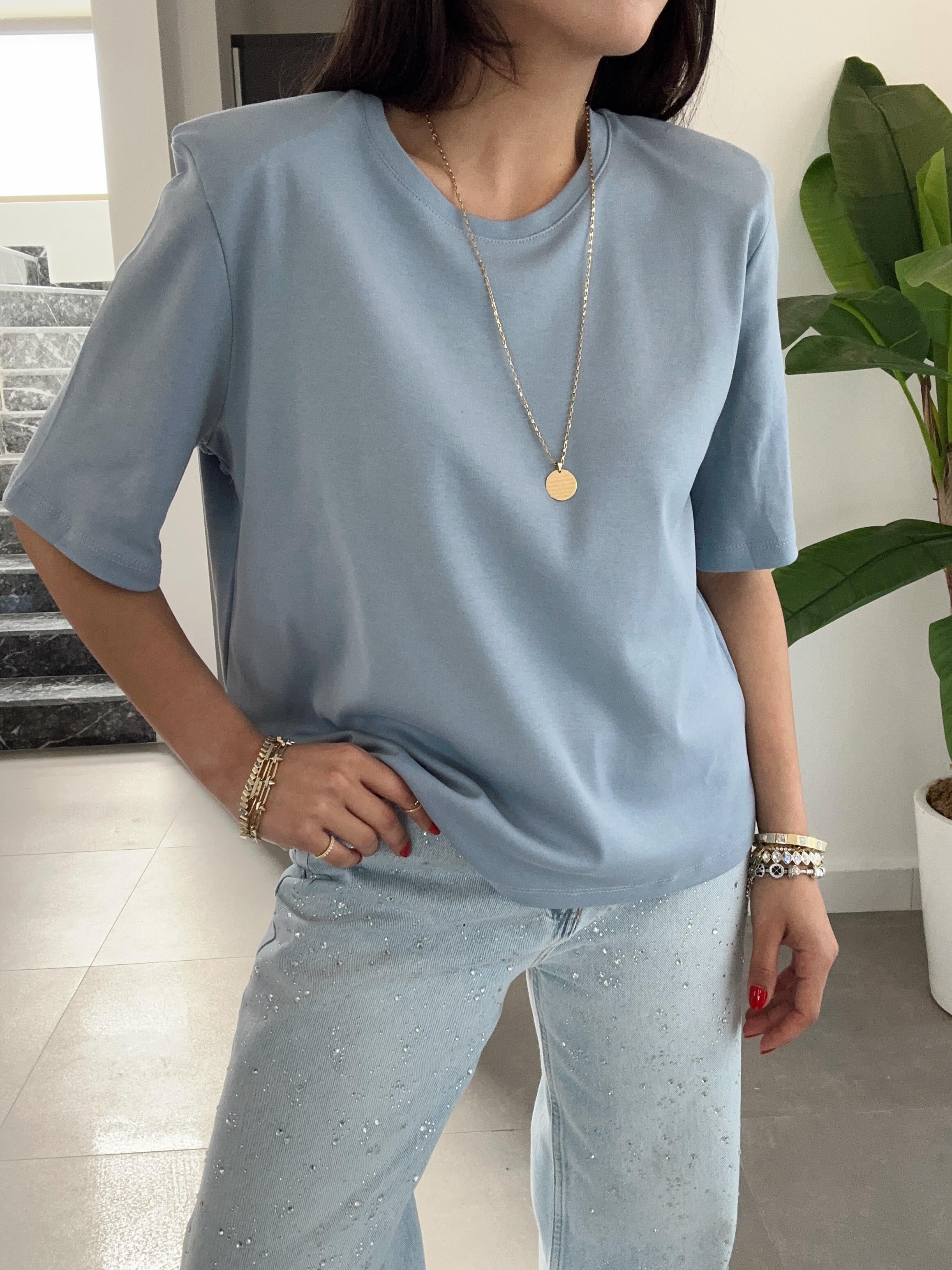 Mavi Vatkalı Basic Tişört