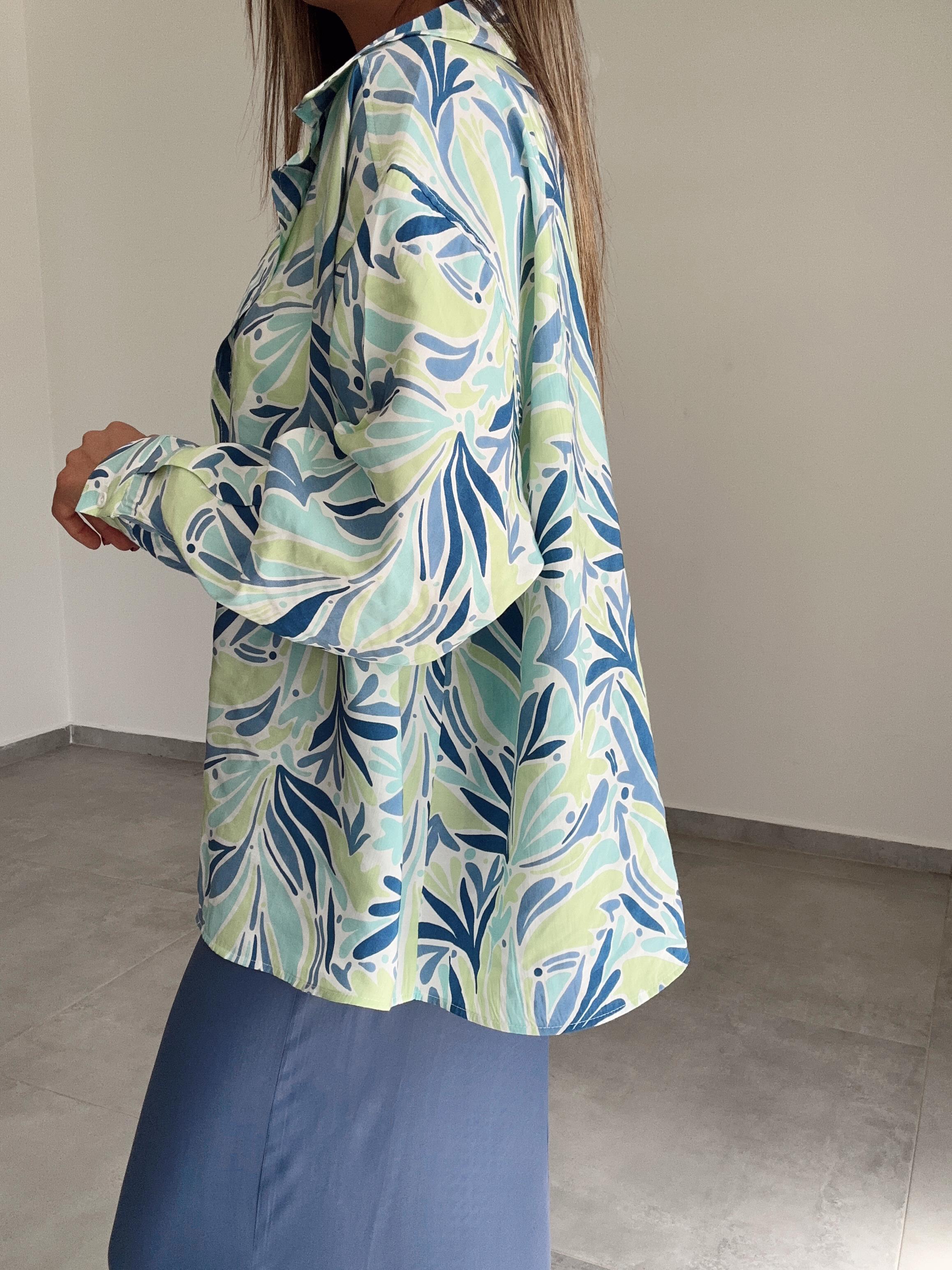 Mavi-Yeşil Desenli Cepli Oversize Gömlek